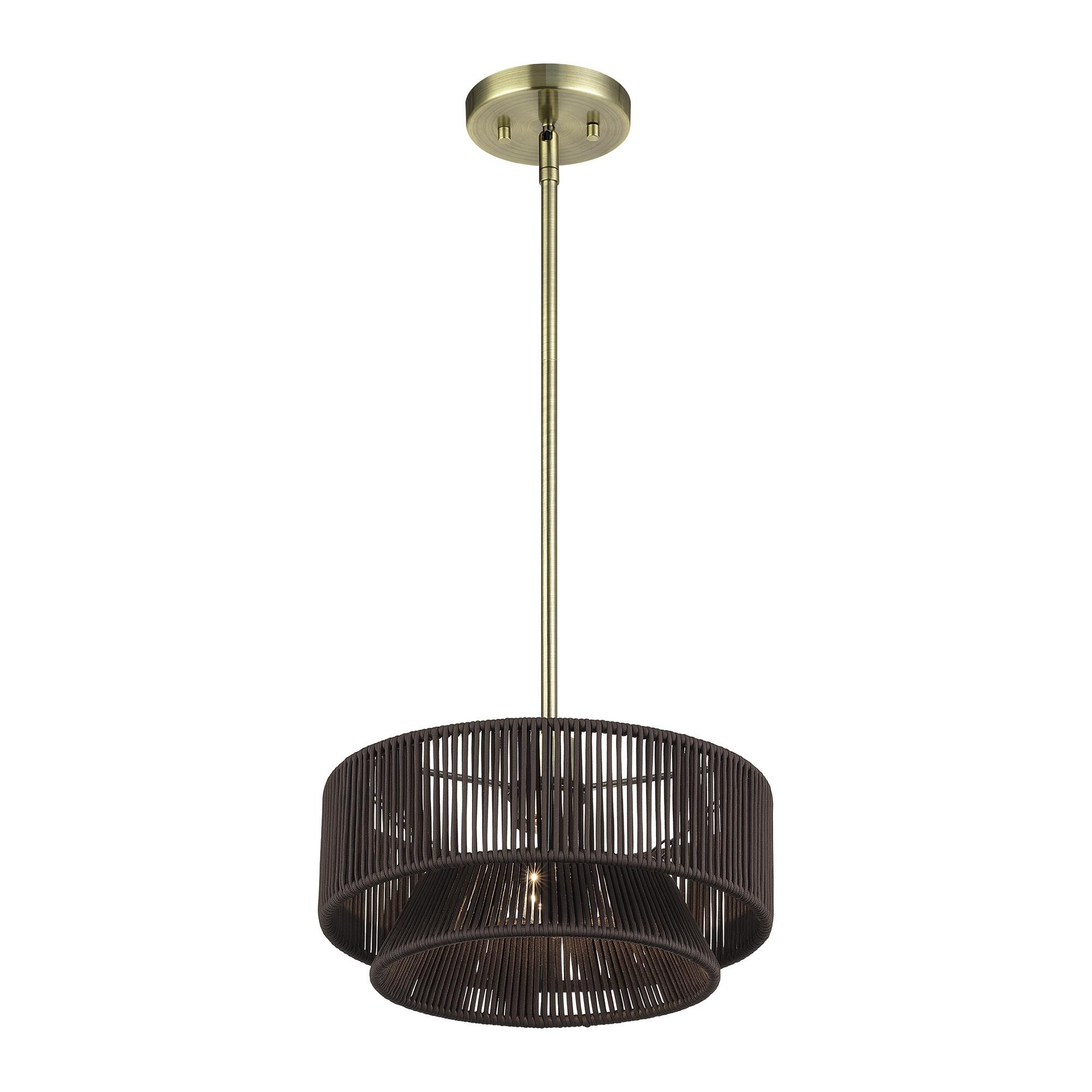 Shown in Antique Brass finish and Hand-Woven Dark Chocolate Color Polyester Rope shade