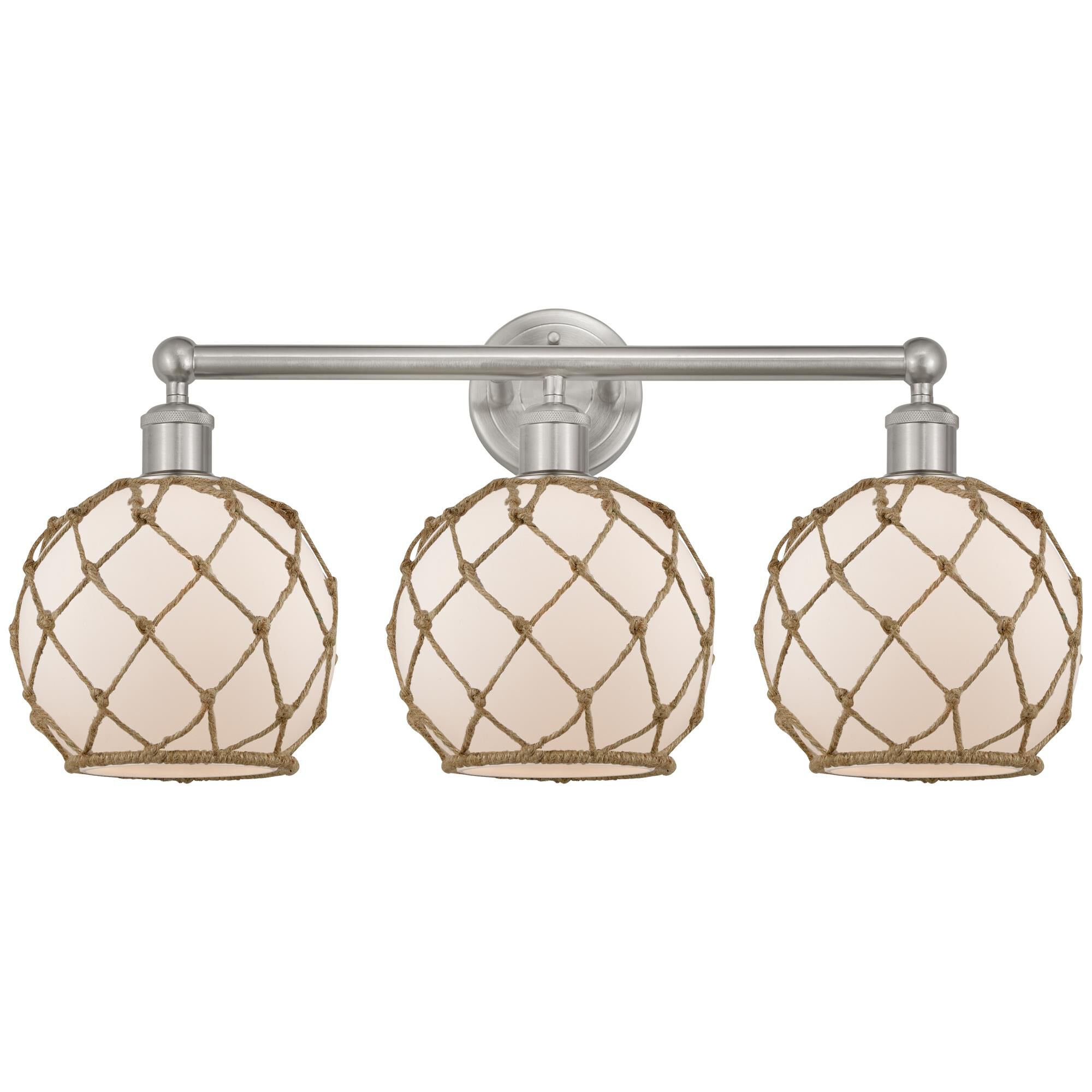 Shown in Brushed Satin Nickel finish and White with Brown Rope glass