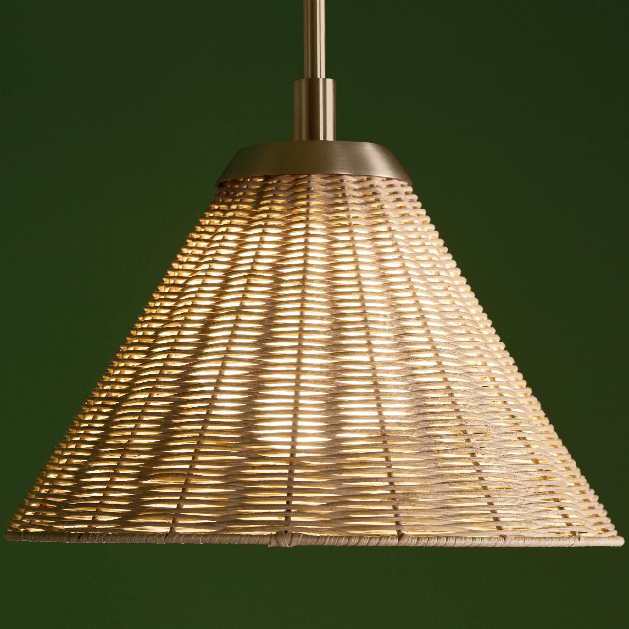 Shown in Champagne Bronze finish and Opal glass and Rattan Textured shade