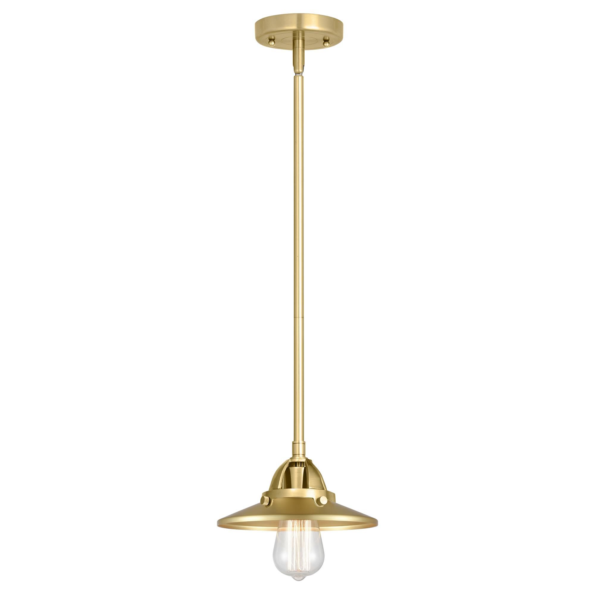 Shown in Satin Gold finish and No Glass glass and Satin Gold Railroad shade