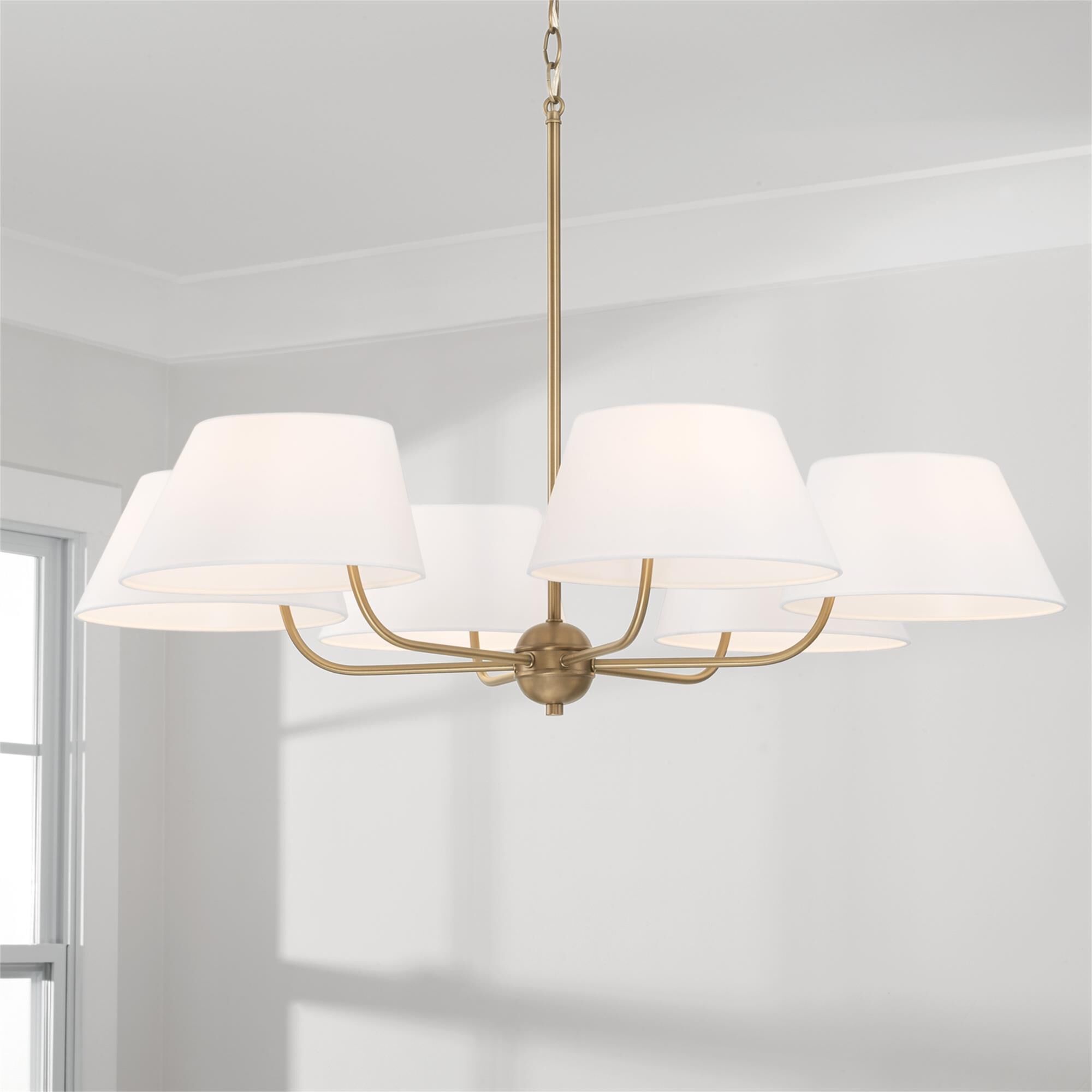 Shown in Aged Brass finish and White Fabric shade