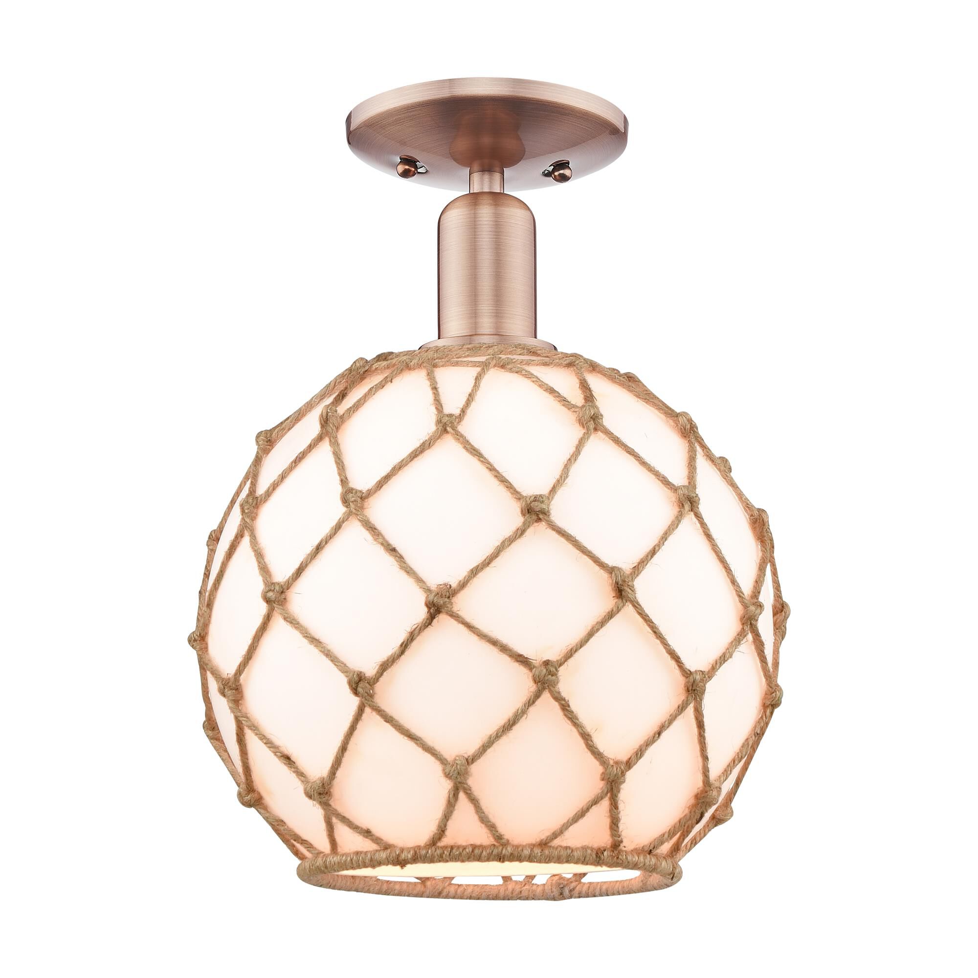 Shown in Antique Copper finish and White with Brown Rope glass