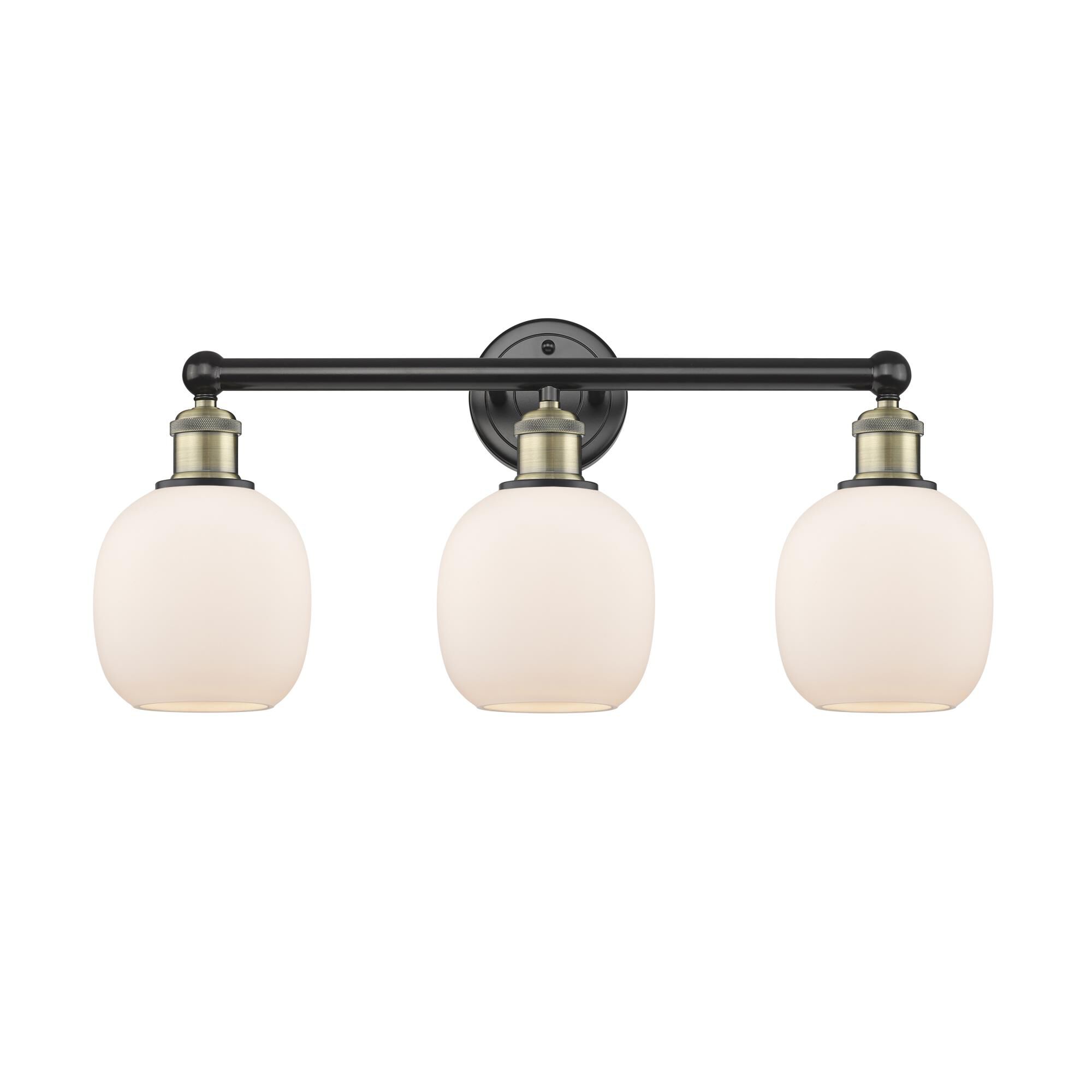 Shown in Black Antique Brass finish and Matte White glass