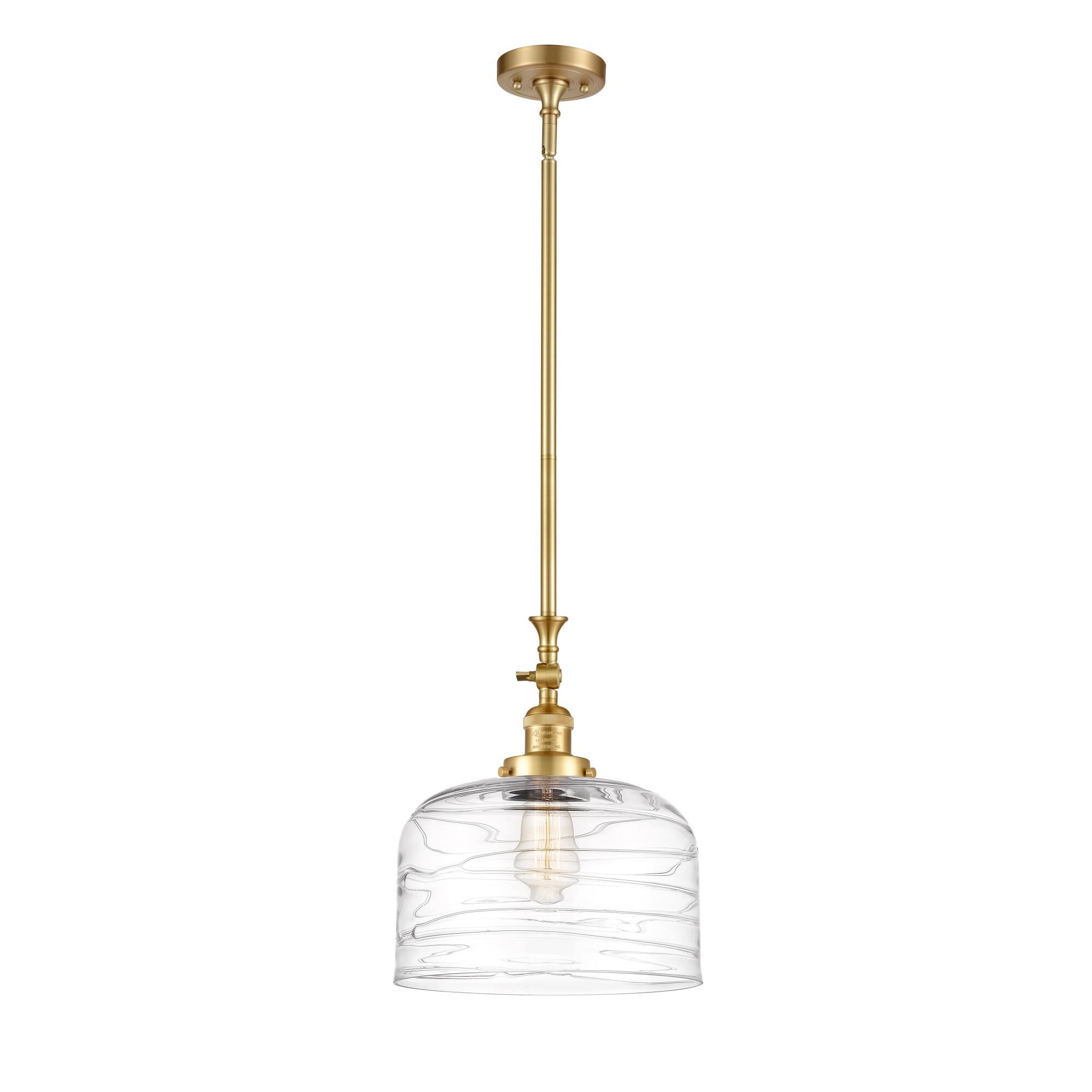 Shown in Satin Gold finish and Clear Deco Swirl X-Large Bell glass