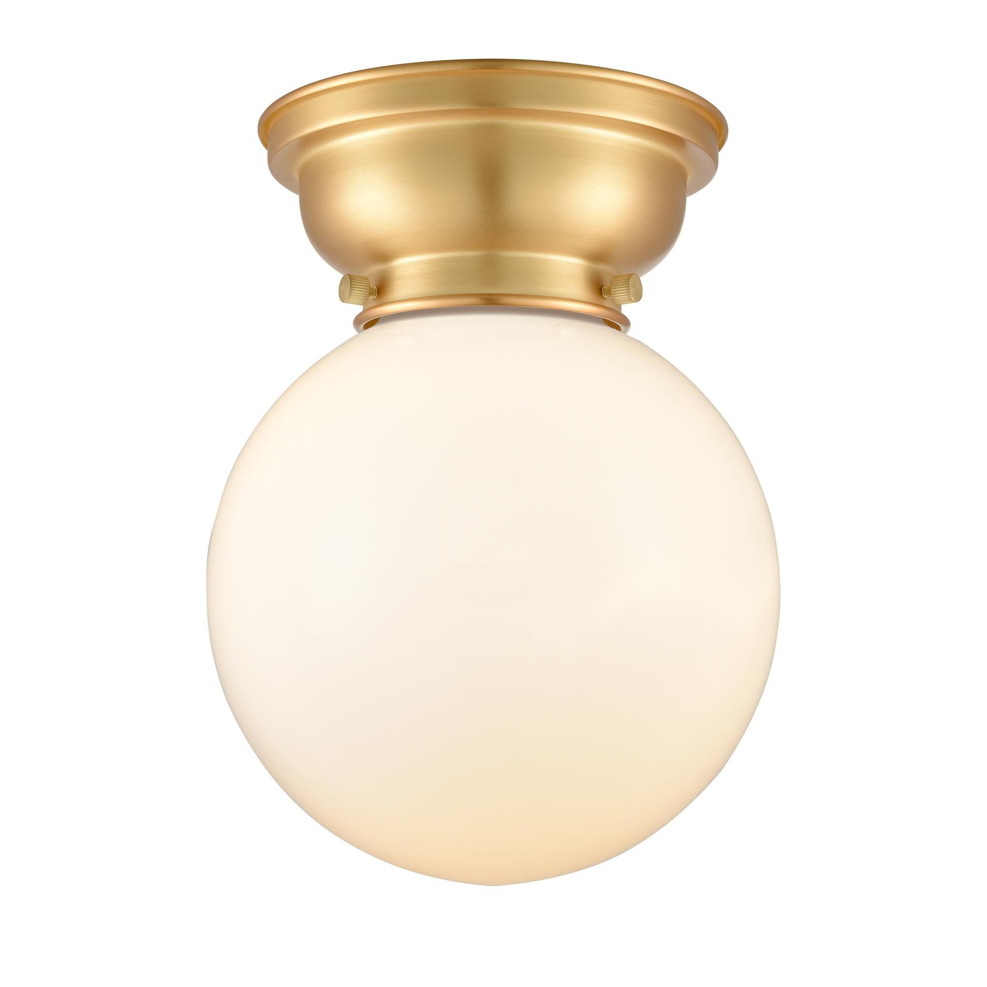 Shown in Satin Gold finish and Matte White Cased Beacon glass