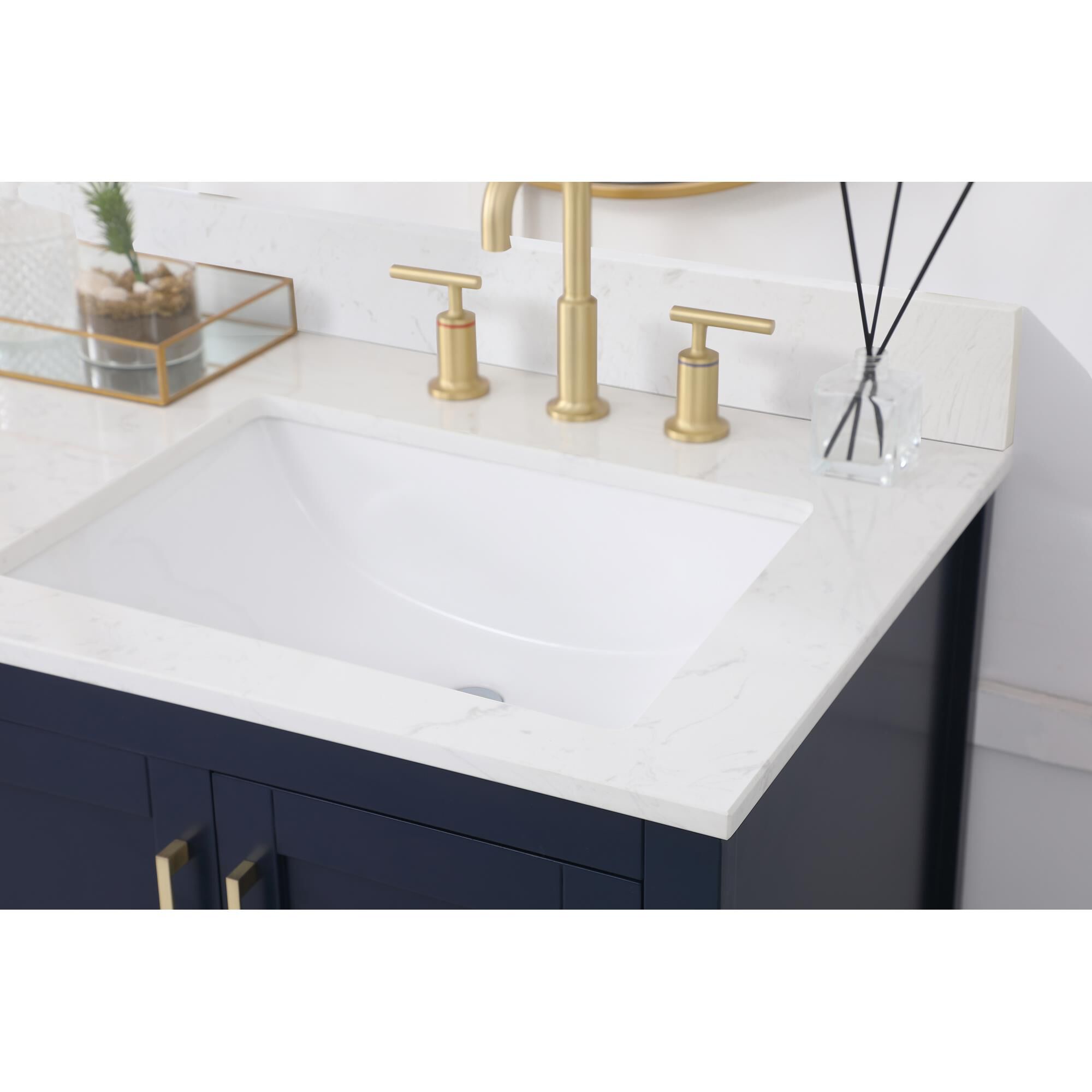 Shown in Blue And Gold With Calacatta Quartz finish