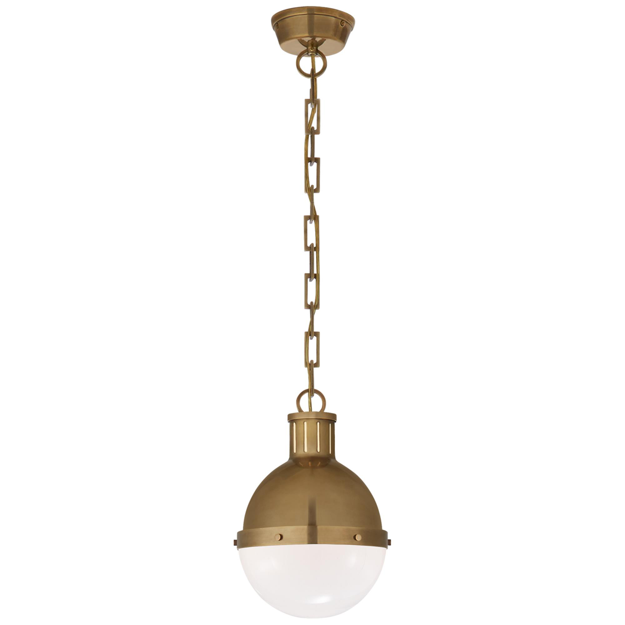 Shown in Hand-Rubbed Antique Brass finish and White glass