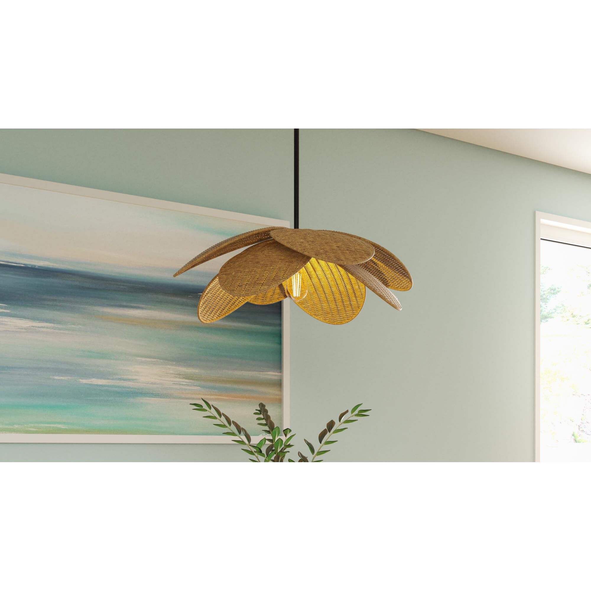 Shown in Matte Black finish and Rattan shade