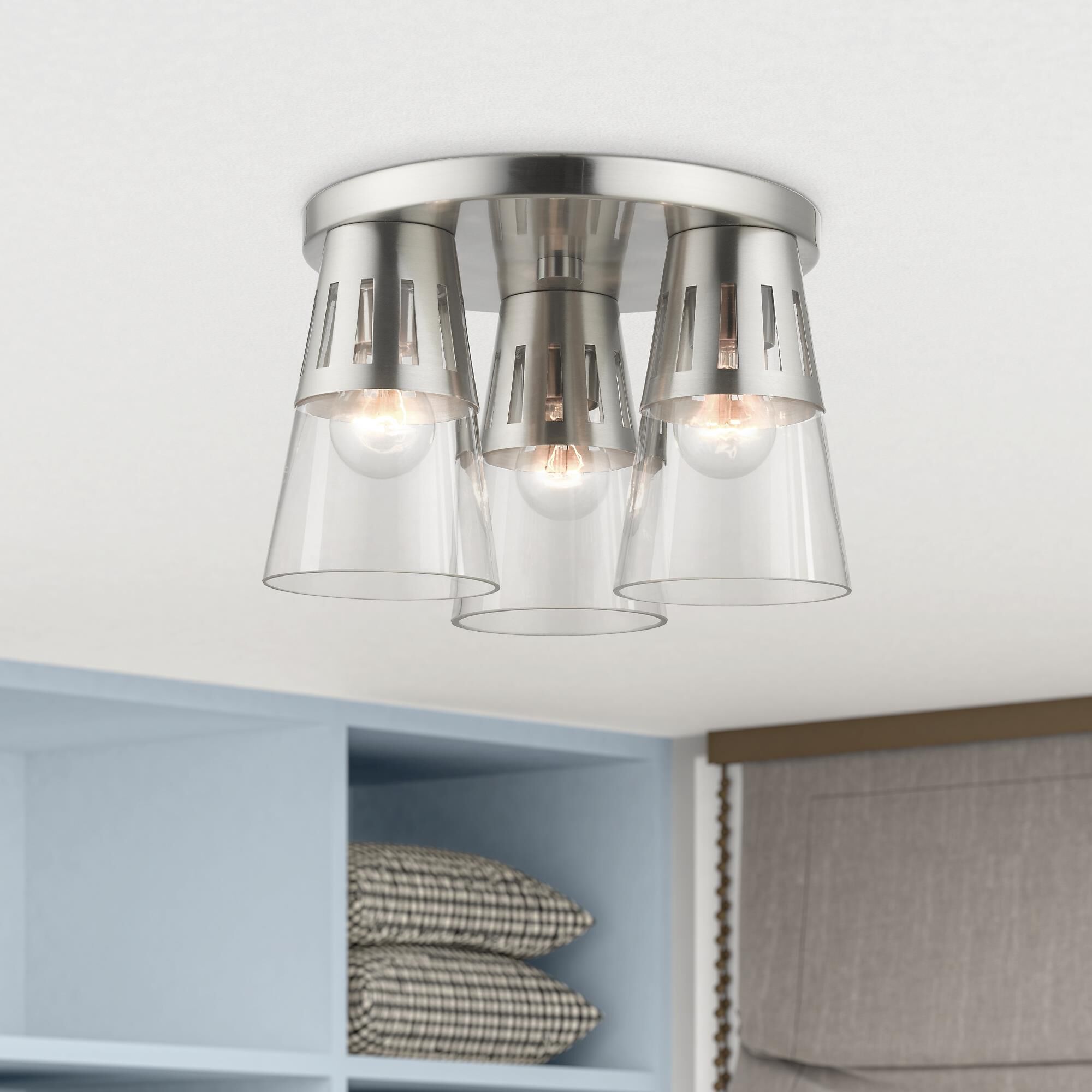 Shown in Brushed Nickel finish and Clear Hand Blown glass