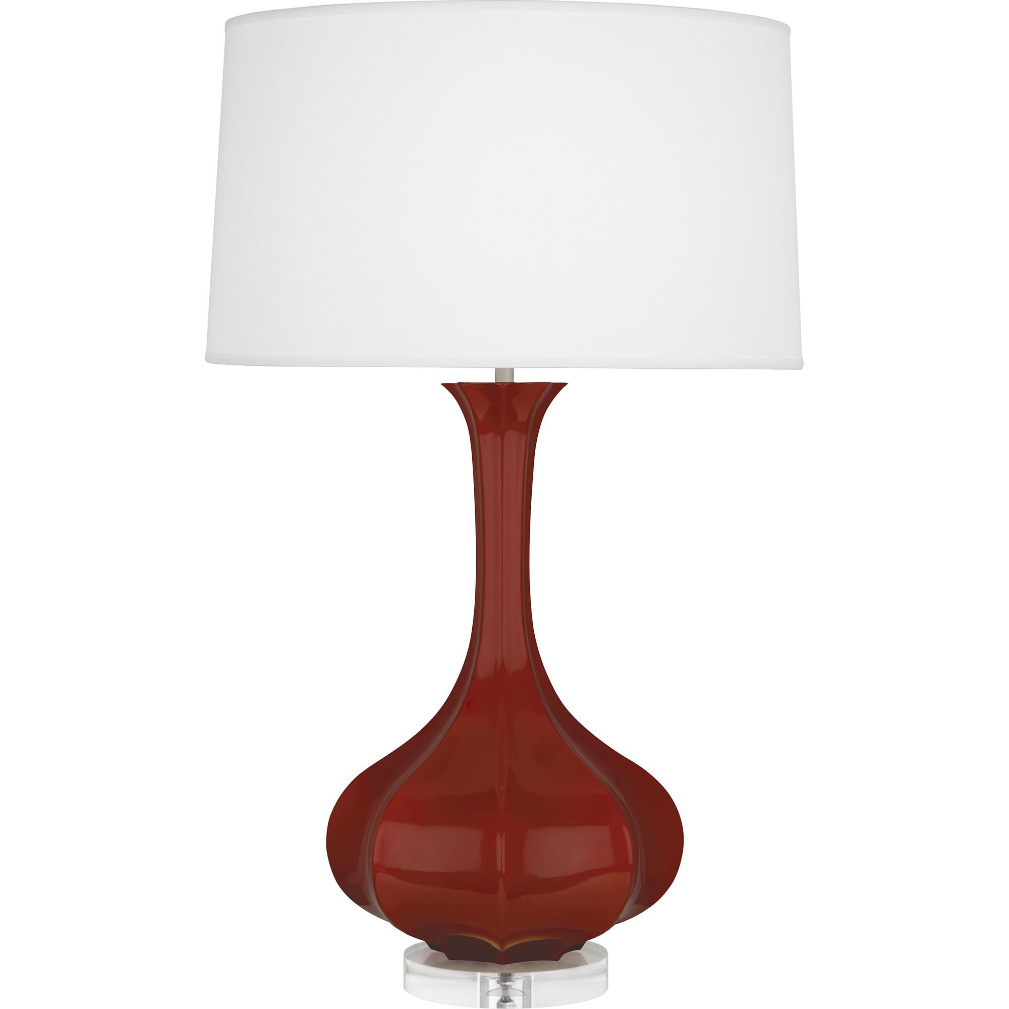 Shown in Oxblood Glazed Ceramic With Lucite Base finish and Pearl Dupoini Fabric shade