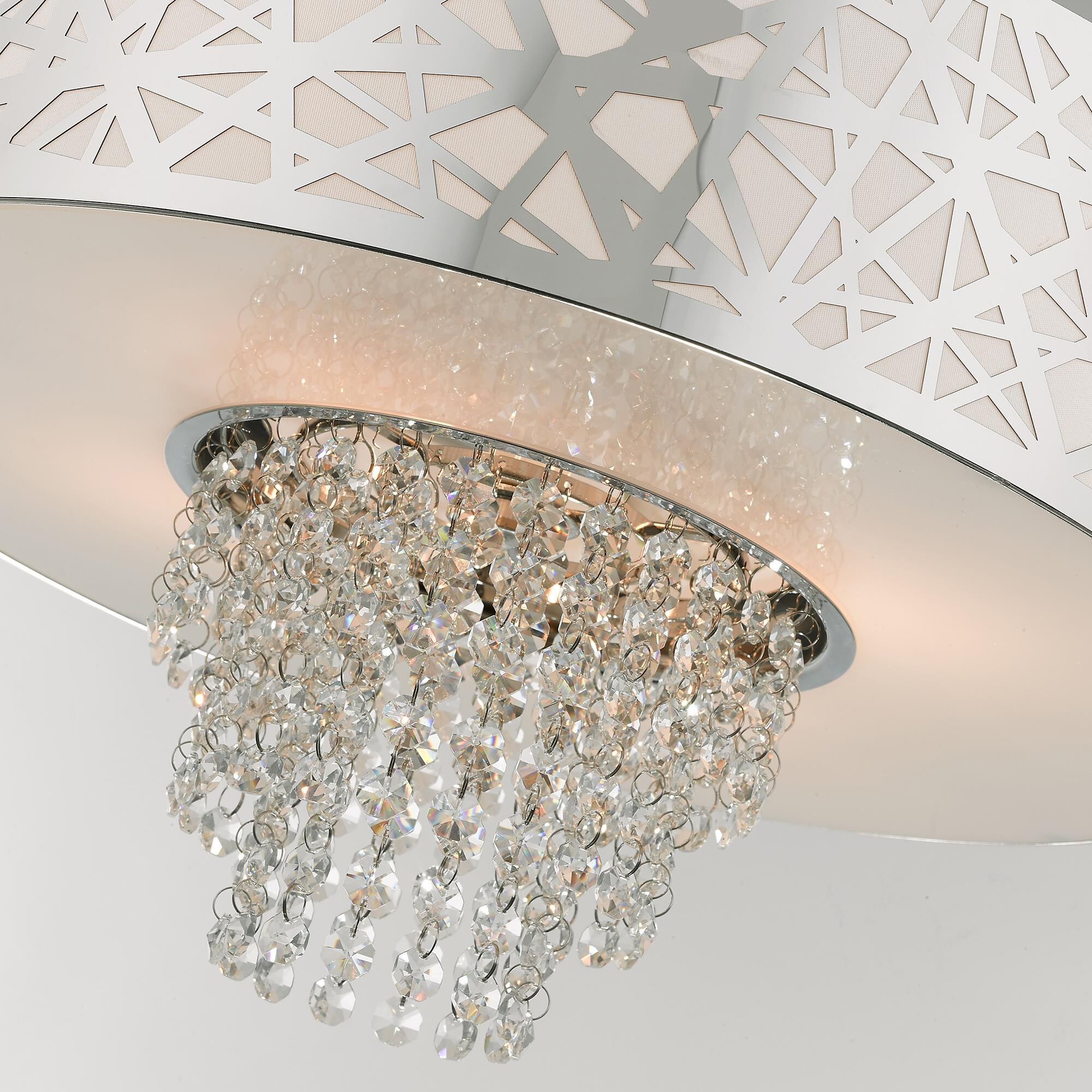 Shown in Polished Chrome finish and Off-White Fabric Hardback  Inside & Clear Crystals shade