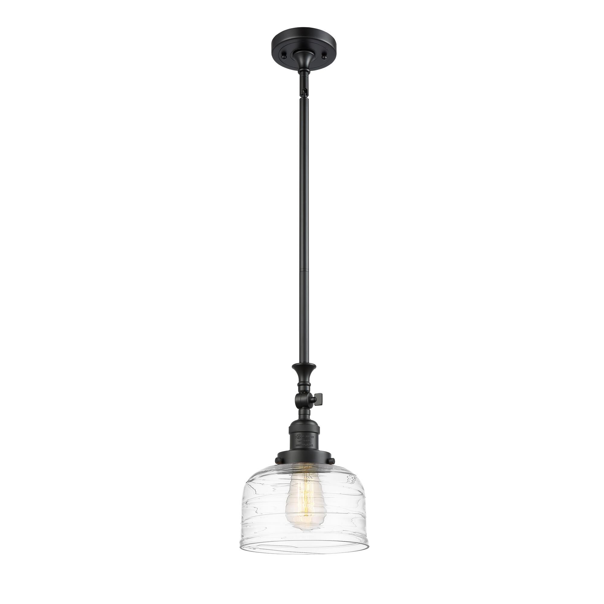 Shown in Matte Black finish and Clear Deco Swirl Large Bell glass