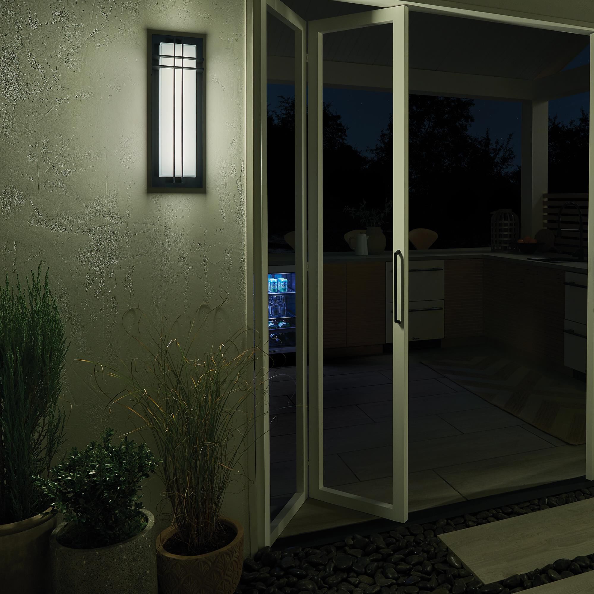 Shown in Textured Black finish and White glass