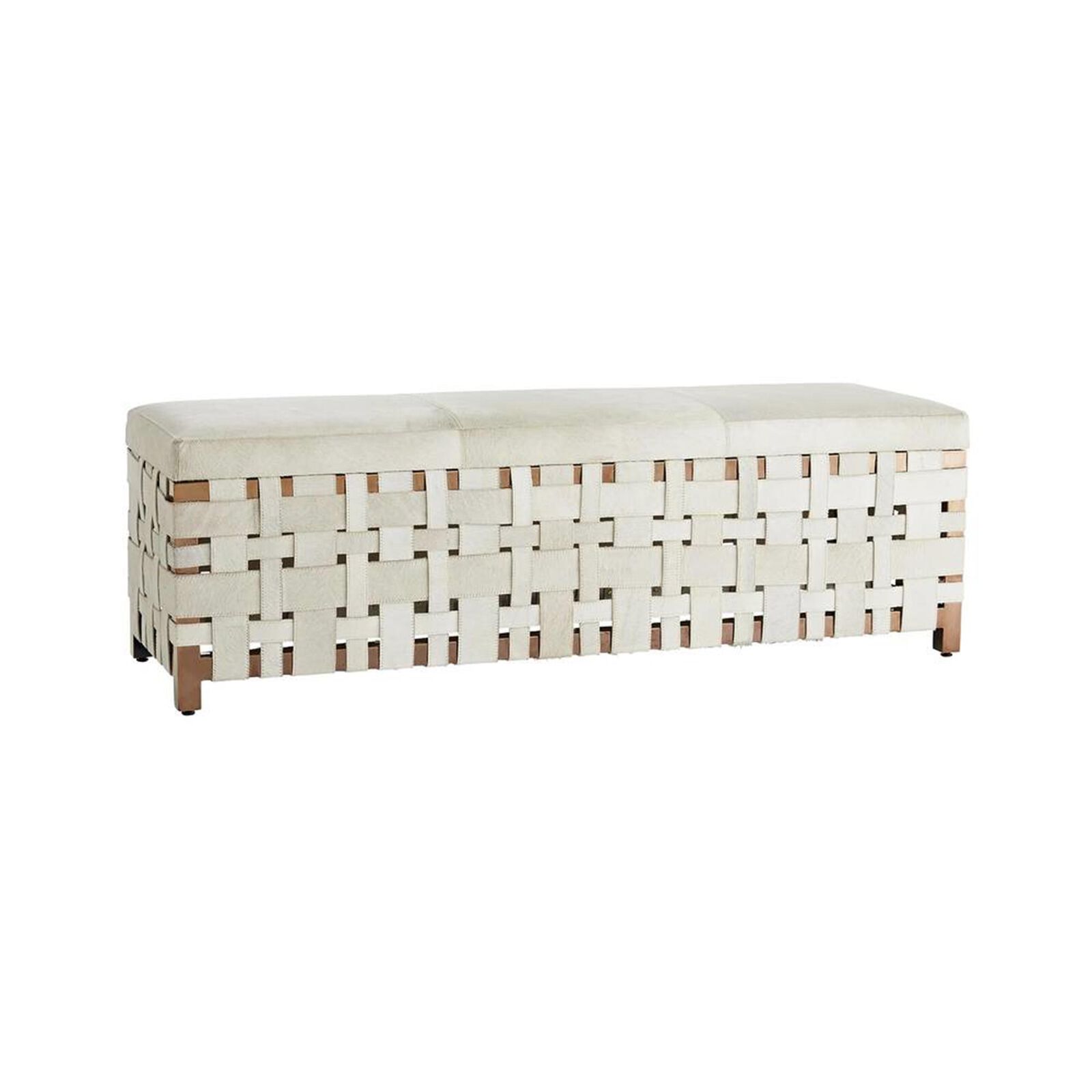 Woven bench in beige and brown with wooden legs.