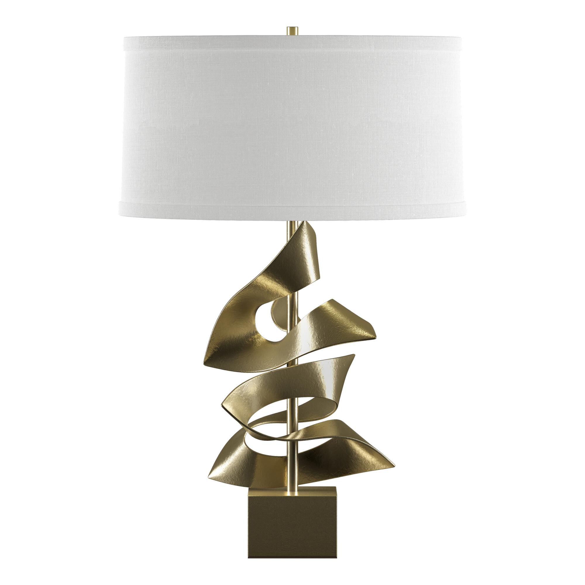 Shown in Modern Brass finish and Natural Anna shade