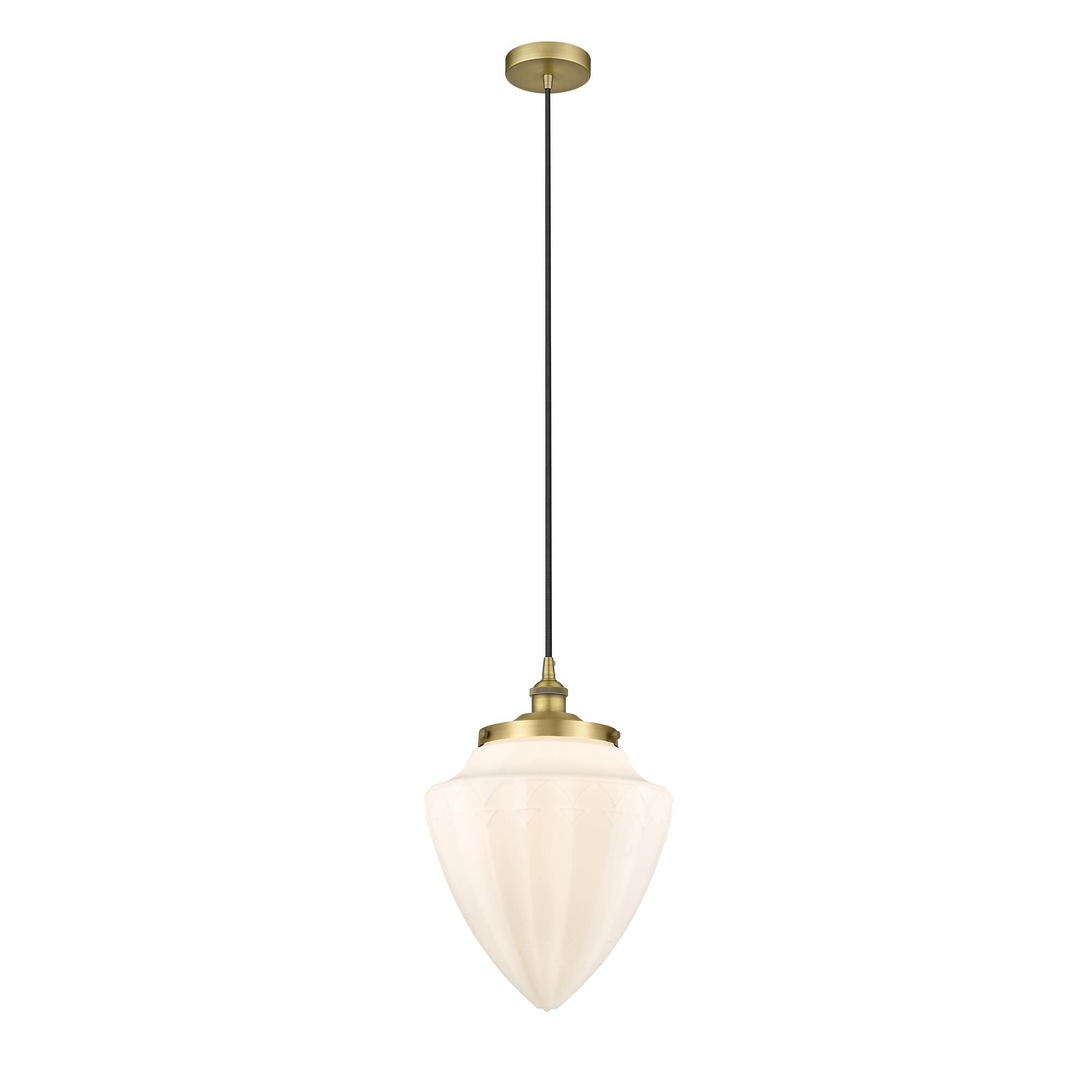 Shown in Brushed Brass finish and Matte White glass