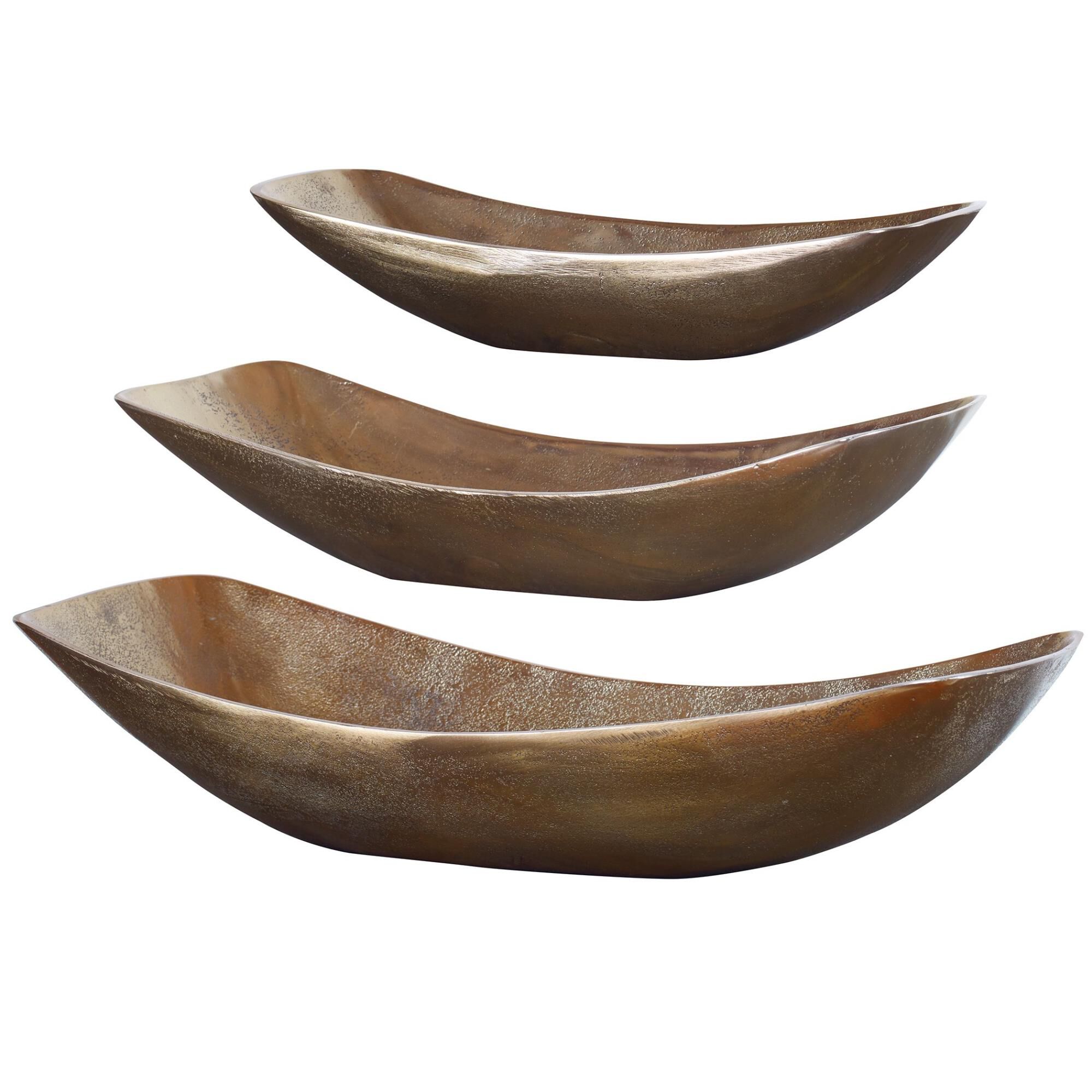 Shown in Set Of Three, Textured Cast Aluminum Bowls Feature An Antique Brass Finish. finish