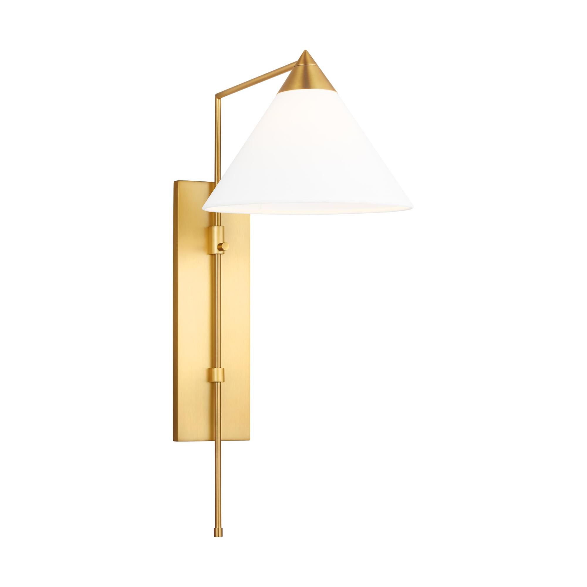 Shown in Burnished Brass finish and White Linen Fabric shade