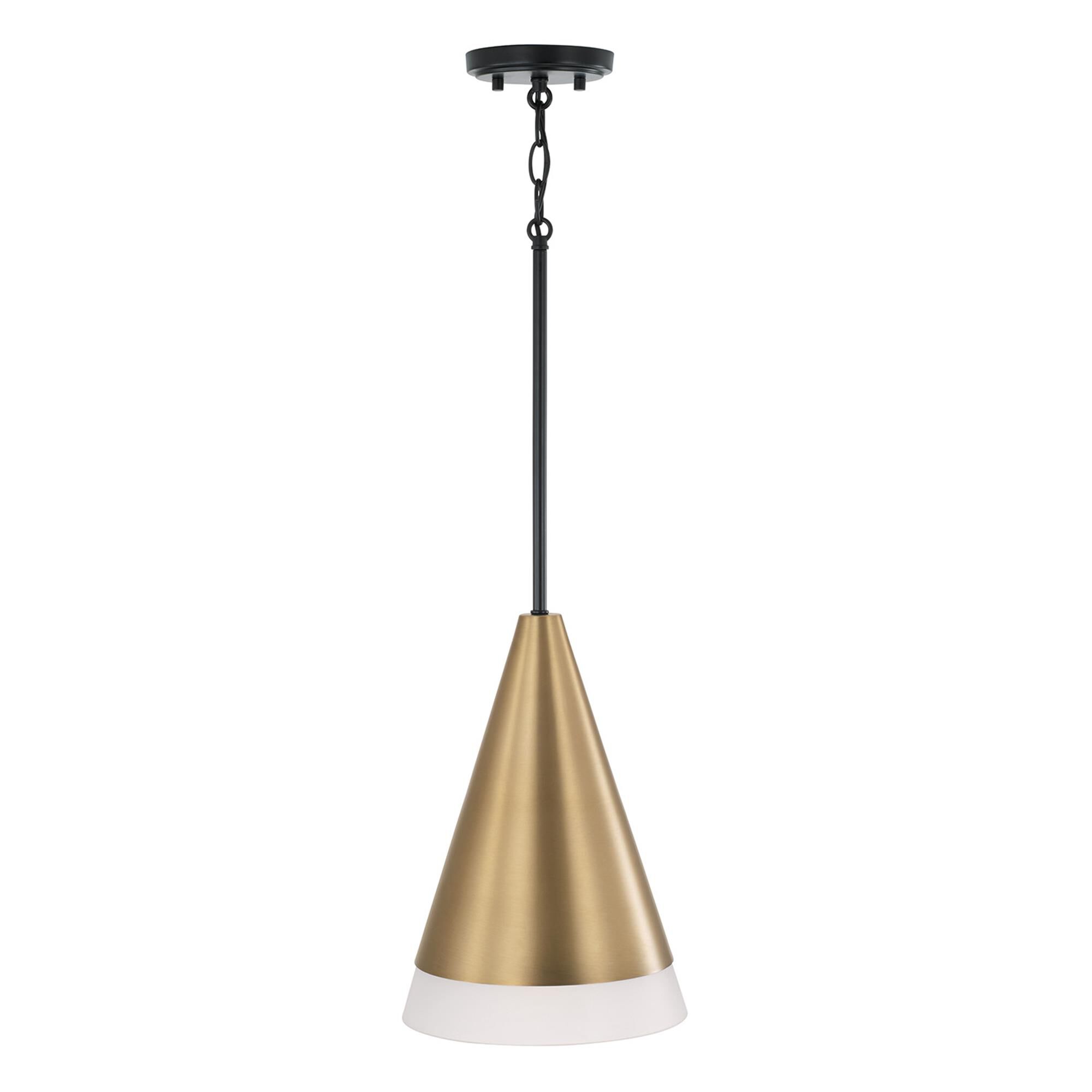 Shown in Aged Brass and Black finish and Frosted glass