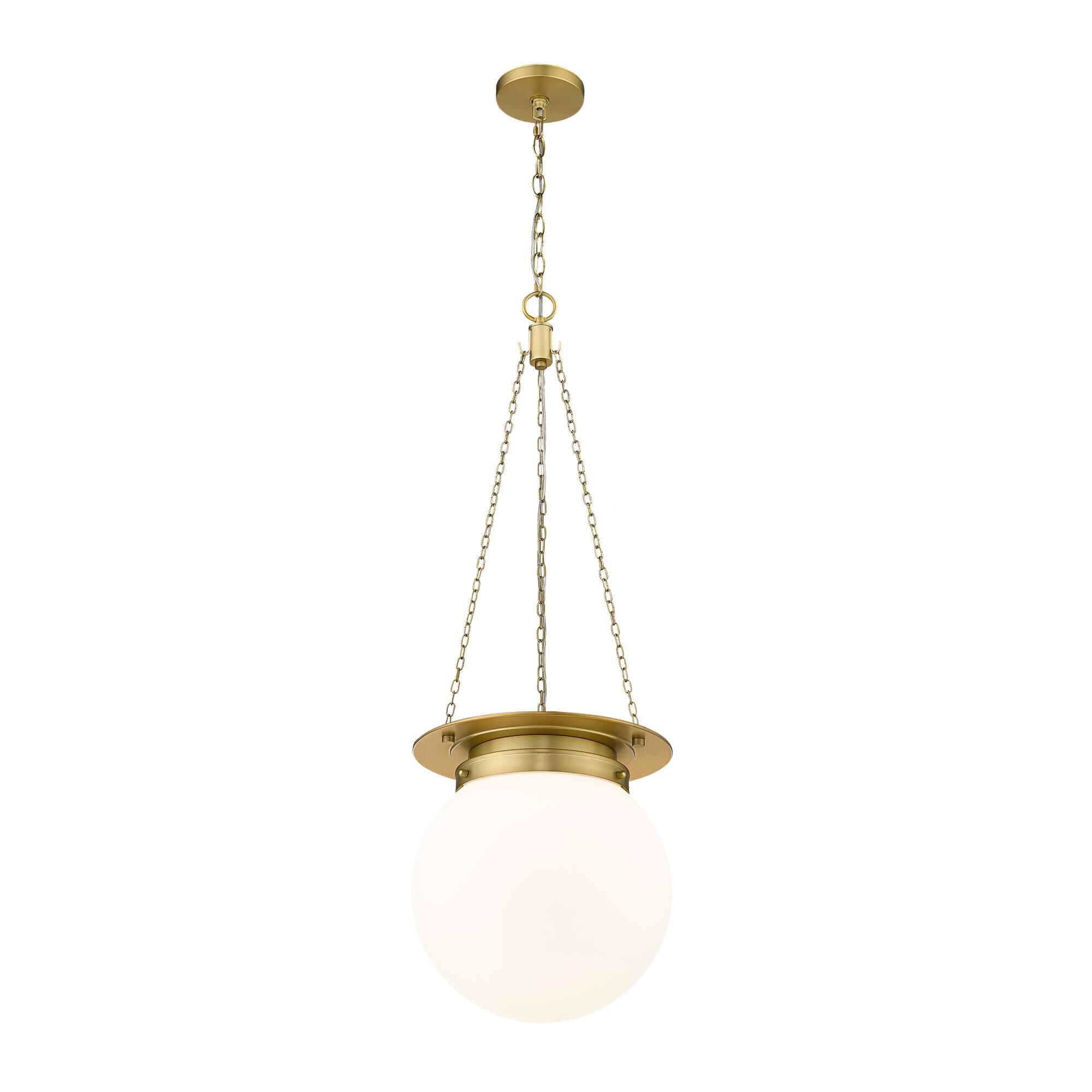 Shown in Heritage Brass finish and White Opal glass