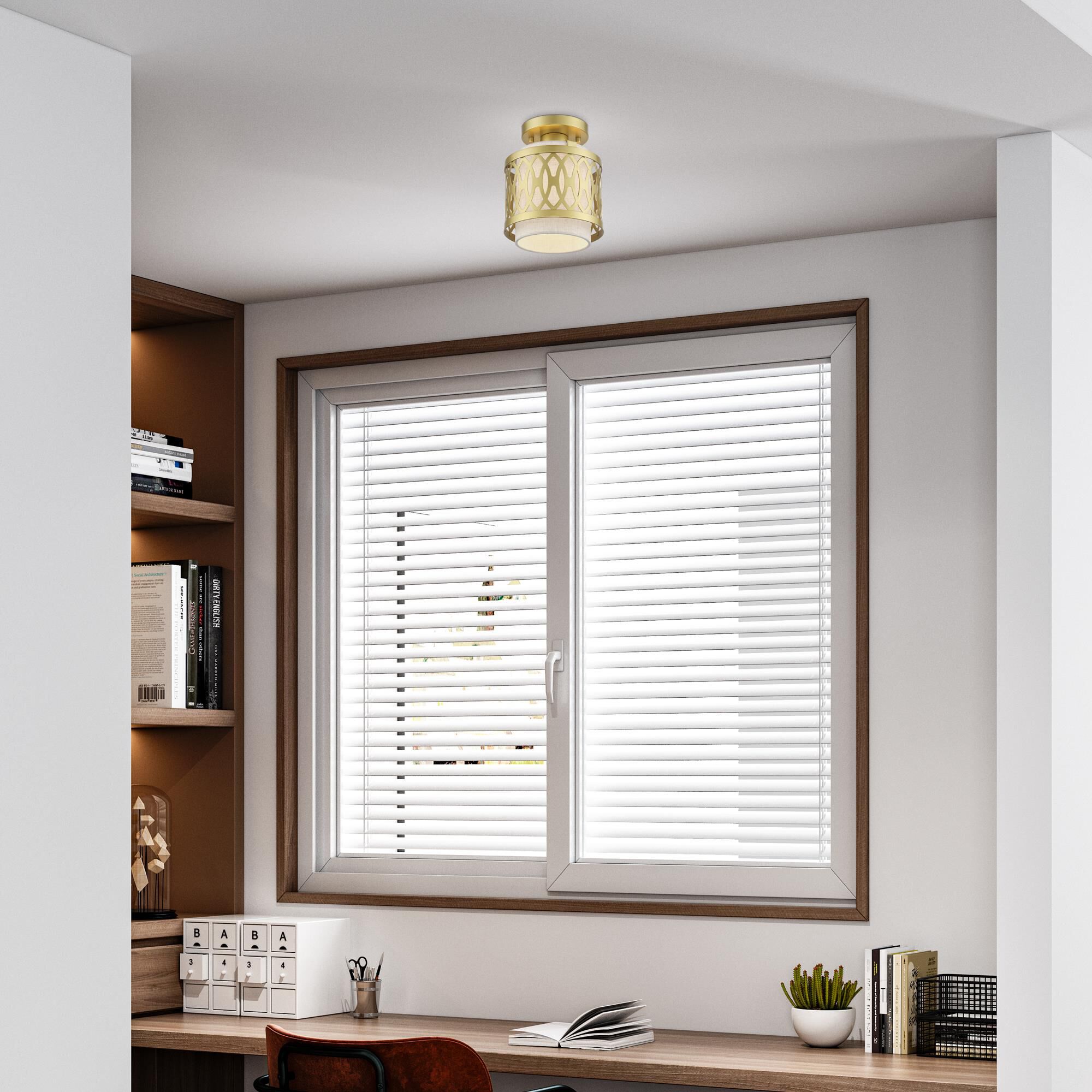 Shown in Soft Gold finish and Hand Crafted Oatmeal Color Hardback shade