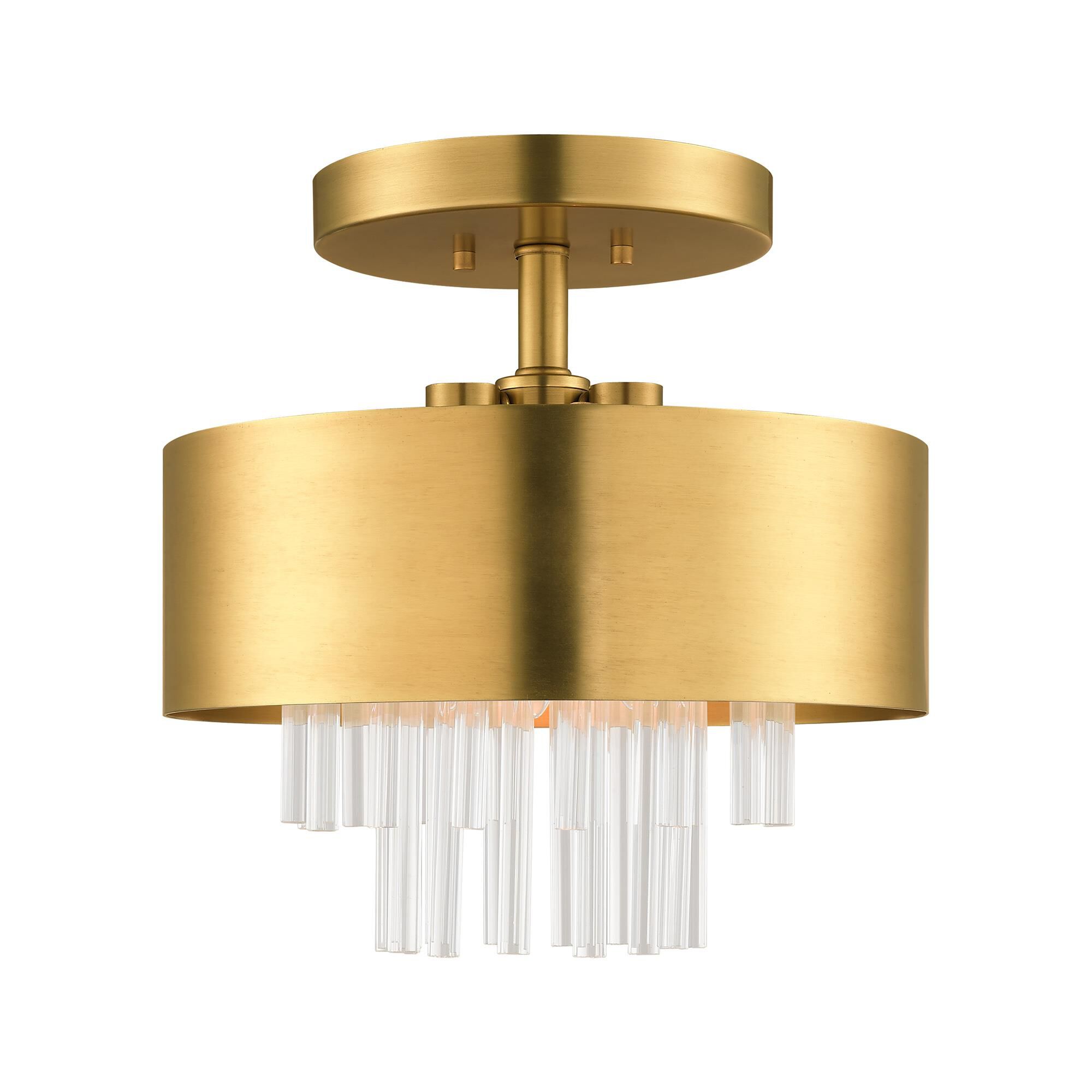 Shown in Natural Brass finish and Natural Brass Drum Shade With Clear Crystal Rods glass and Natural Brass Drum  With Clear Crystal Rods shade