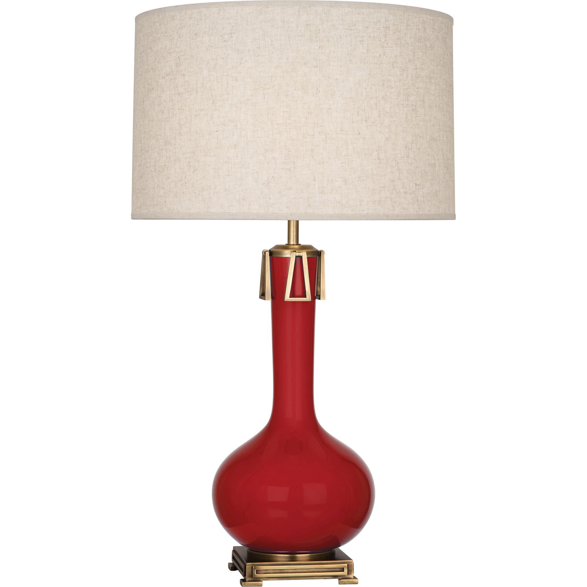Shown in Ruby Red Glazed Ceramic With Aged Brass Accents finish and Open Weave Heather Linen shade