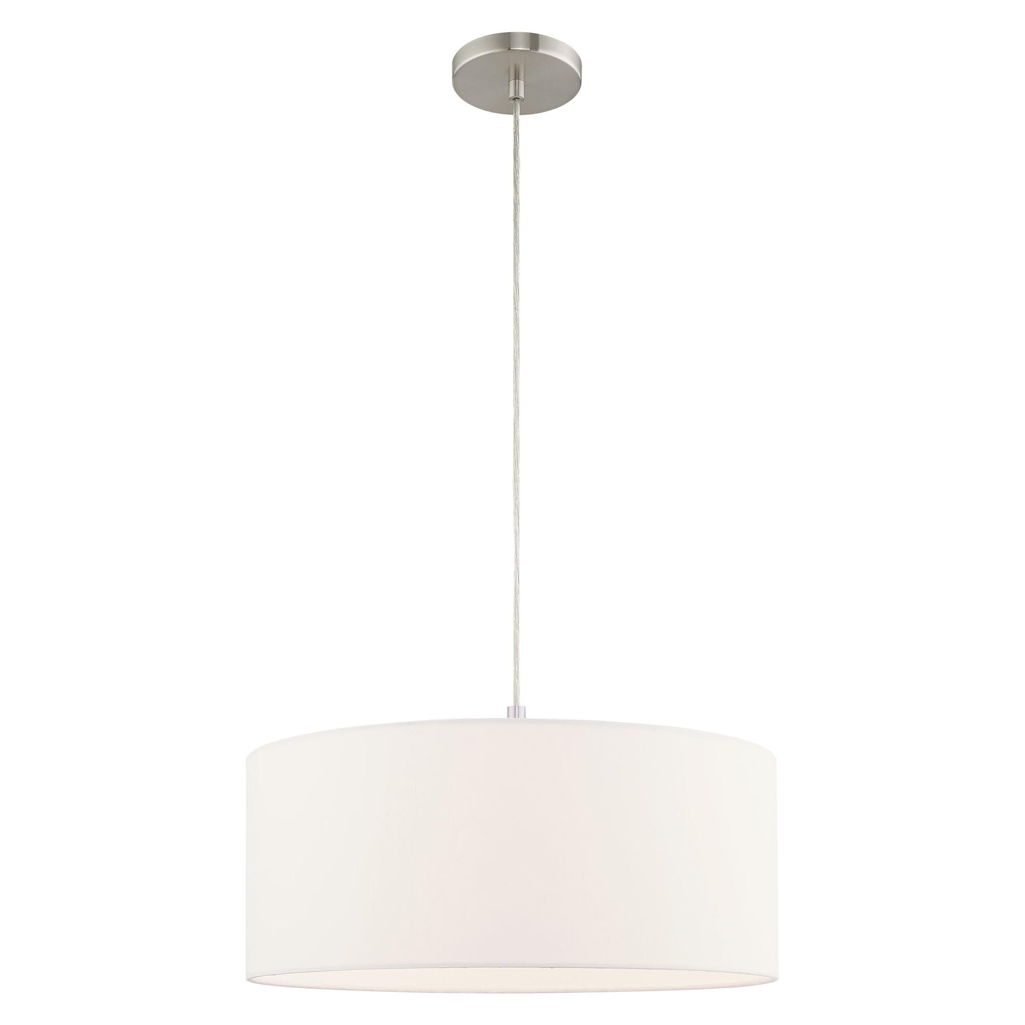 Shown in Brushed Nickel finish and Hand Crafted Off-White Fabric Hardback shade