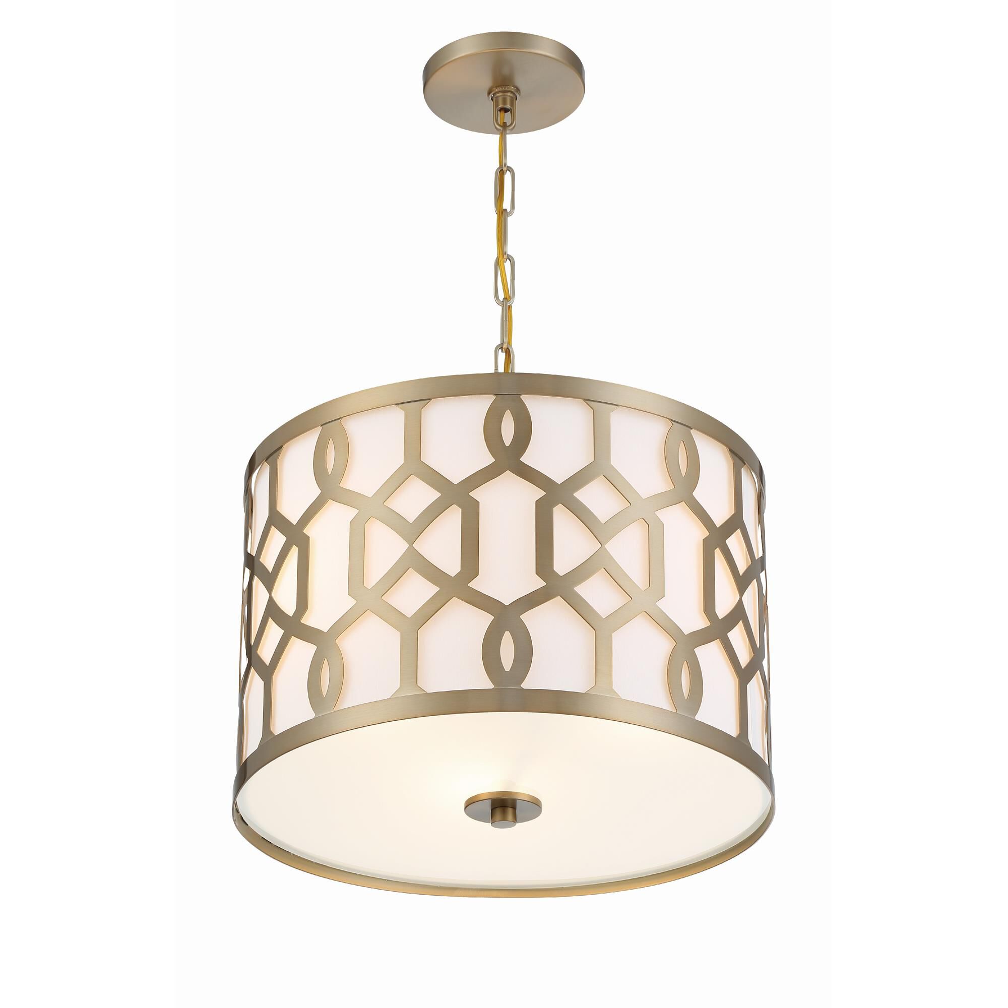 Shown in Aged Brass finish and Silk glass and White shade