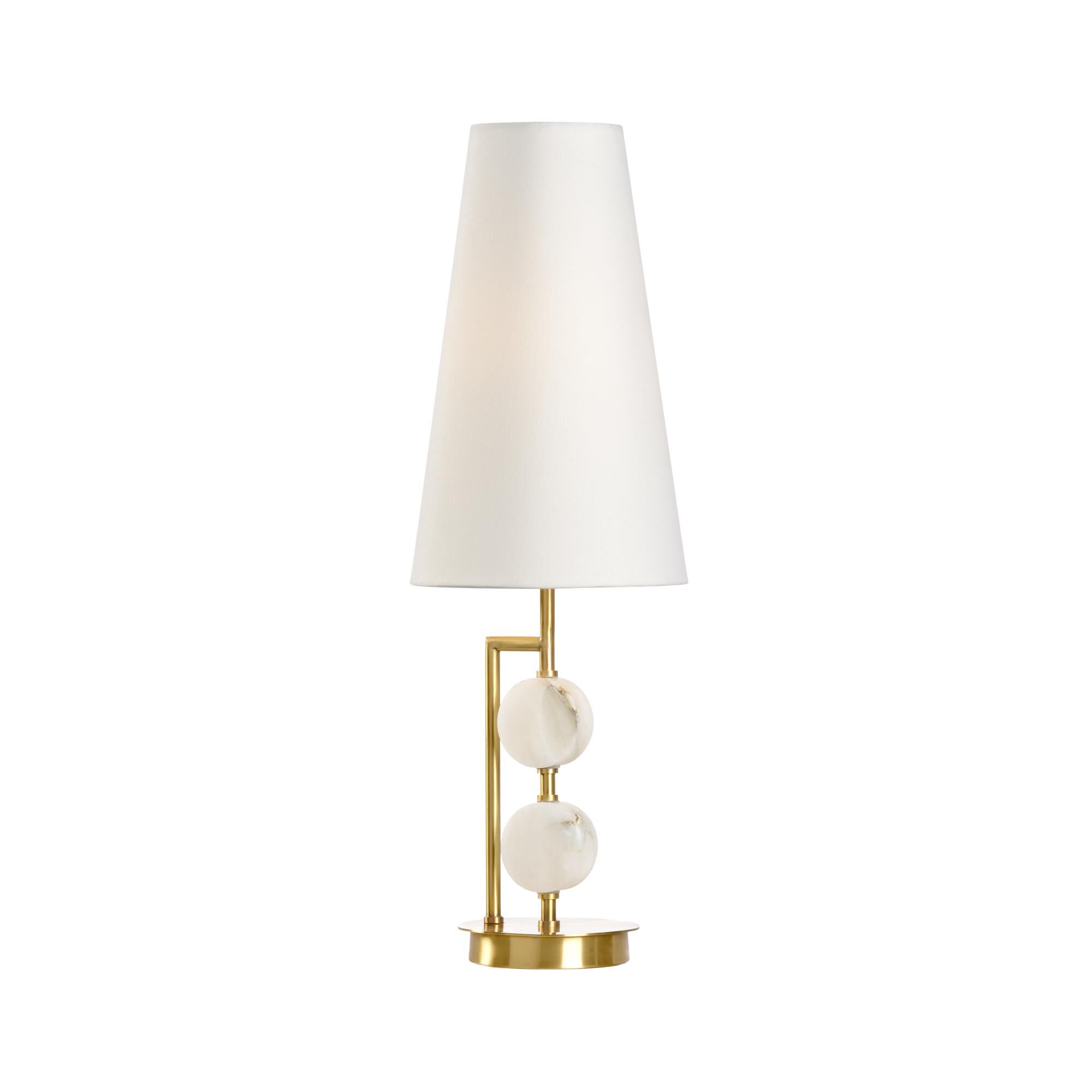 Shown in Natural White-Antique Brass finish and Off White Linen shade