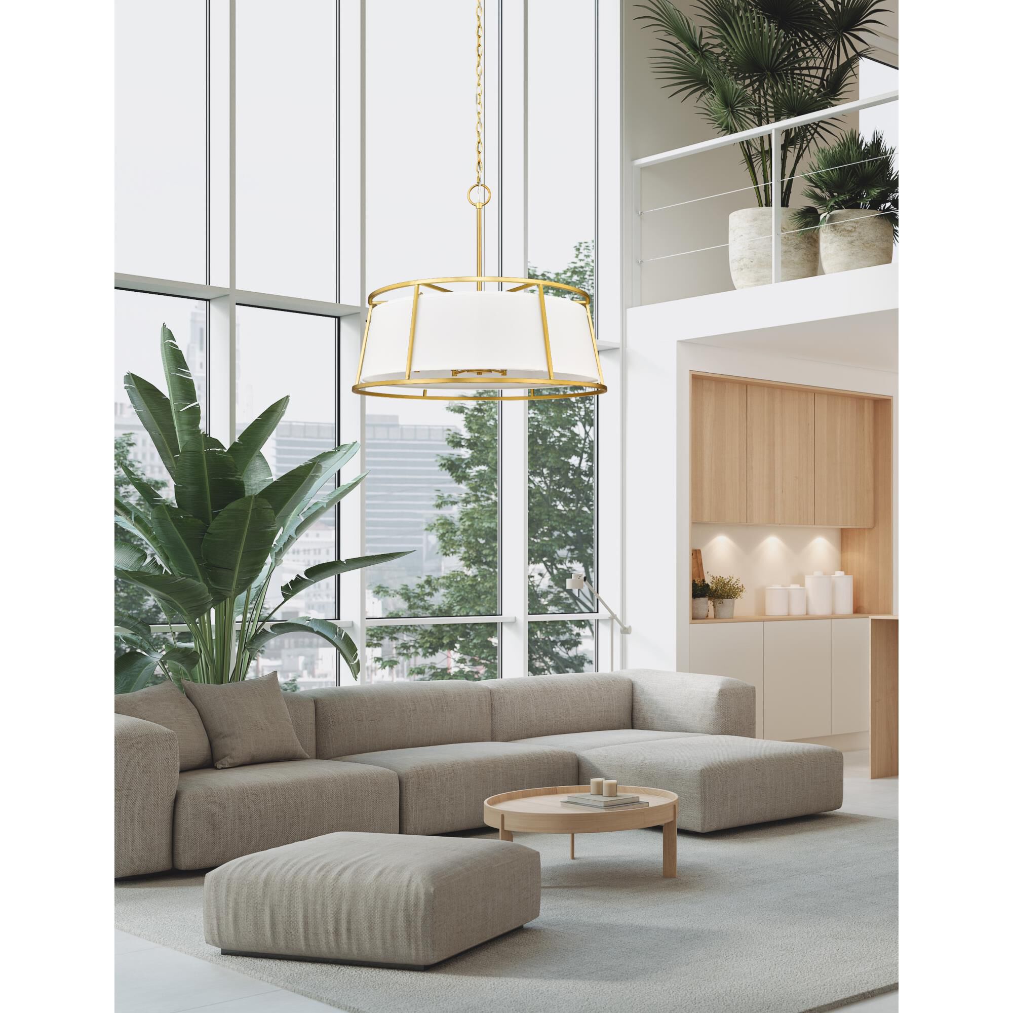 Shown in Rubbed Brass finish and White Fabric shade