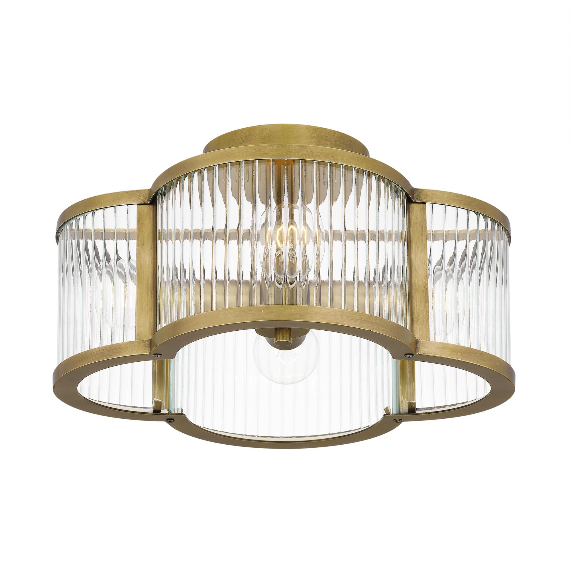 Shown in Weathered Brass finish and Clear Ribbed glass