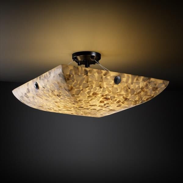 Shown in Matte Black finish and Shaved Alabaster Rocks Cast Into Resin glass and Square Bowl shade and Concentric Circles Finial accent