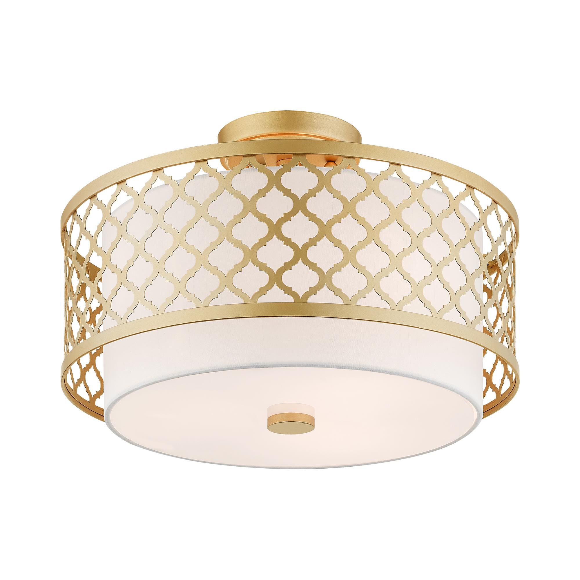 Shown in Soft Gold finish and Hand Crafted Off-White Fabric Outside & White Fabric Inside Hardback shade