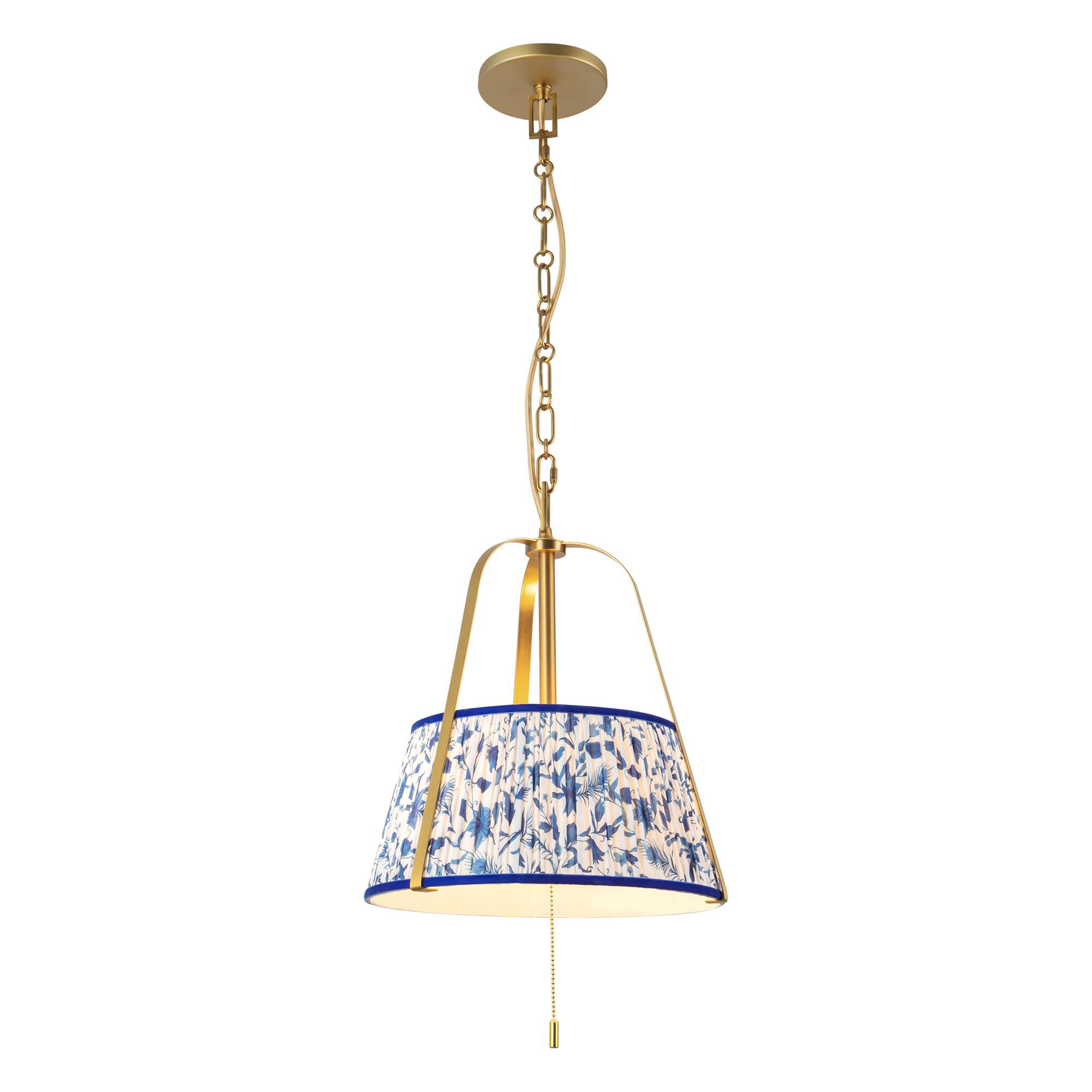 Shown in Brushed Gold finish and Blue Linen shade