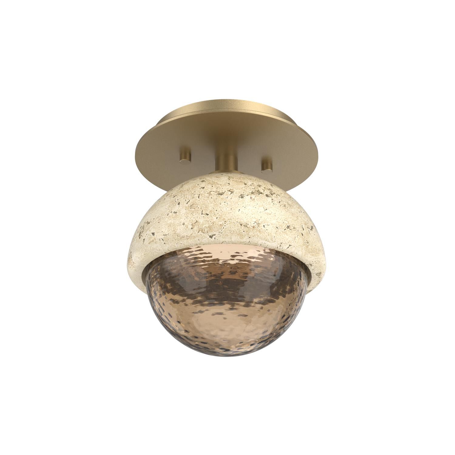 Shown in Gilded Brass finish and Bronze glass and Travertine Stone accent