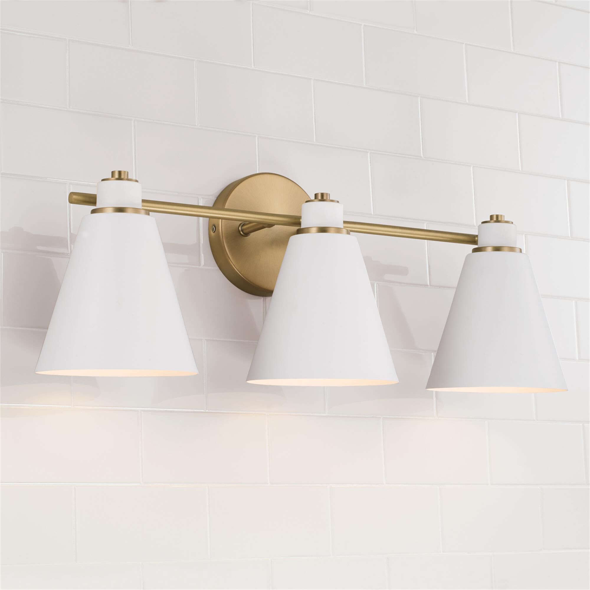 Shown in Aged Brass and White finish and White Metal  with White Interior shade