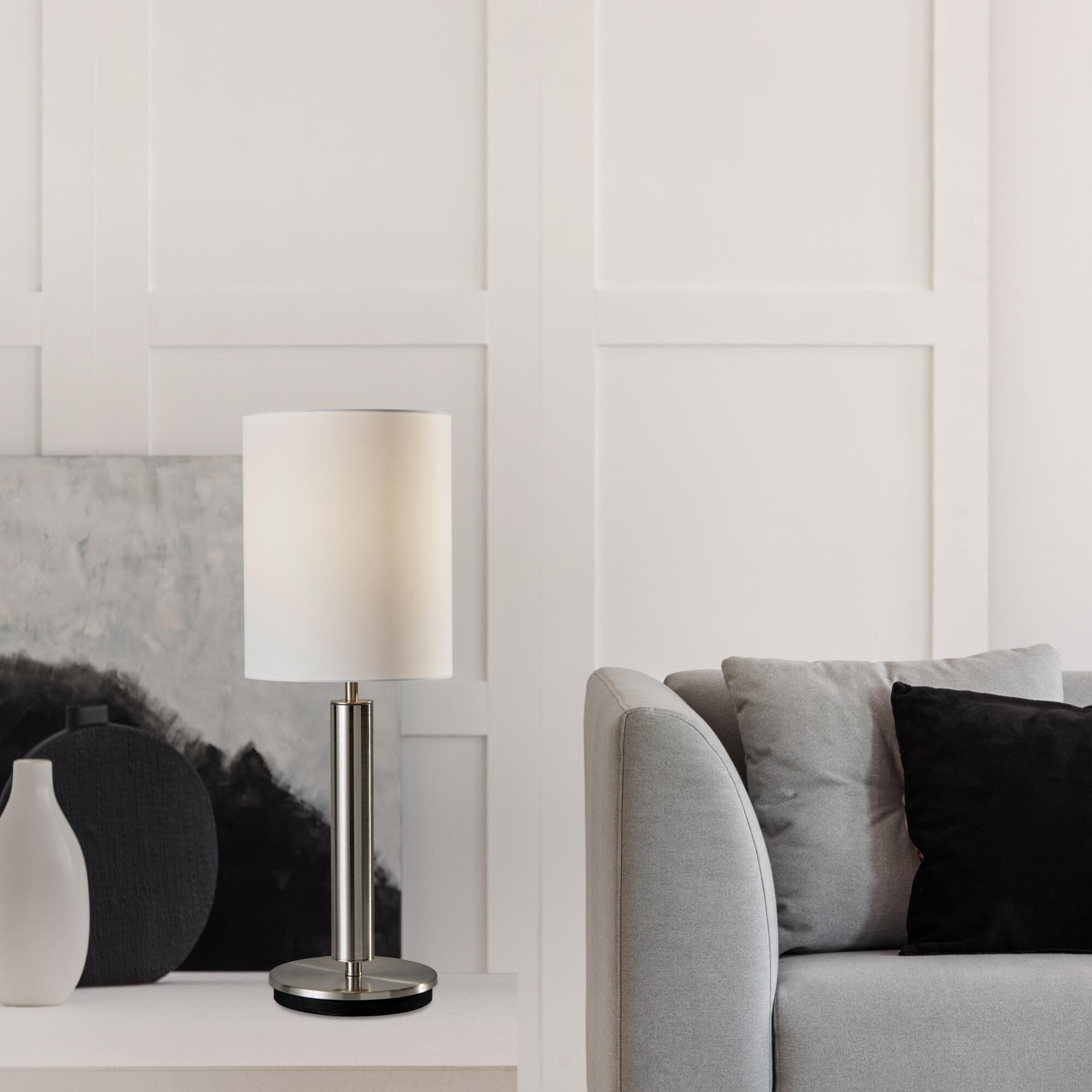 Shown in Brushed Steel finish and Textured White Linen shade