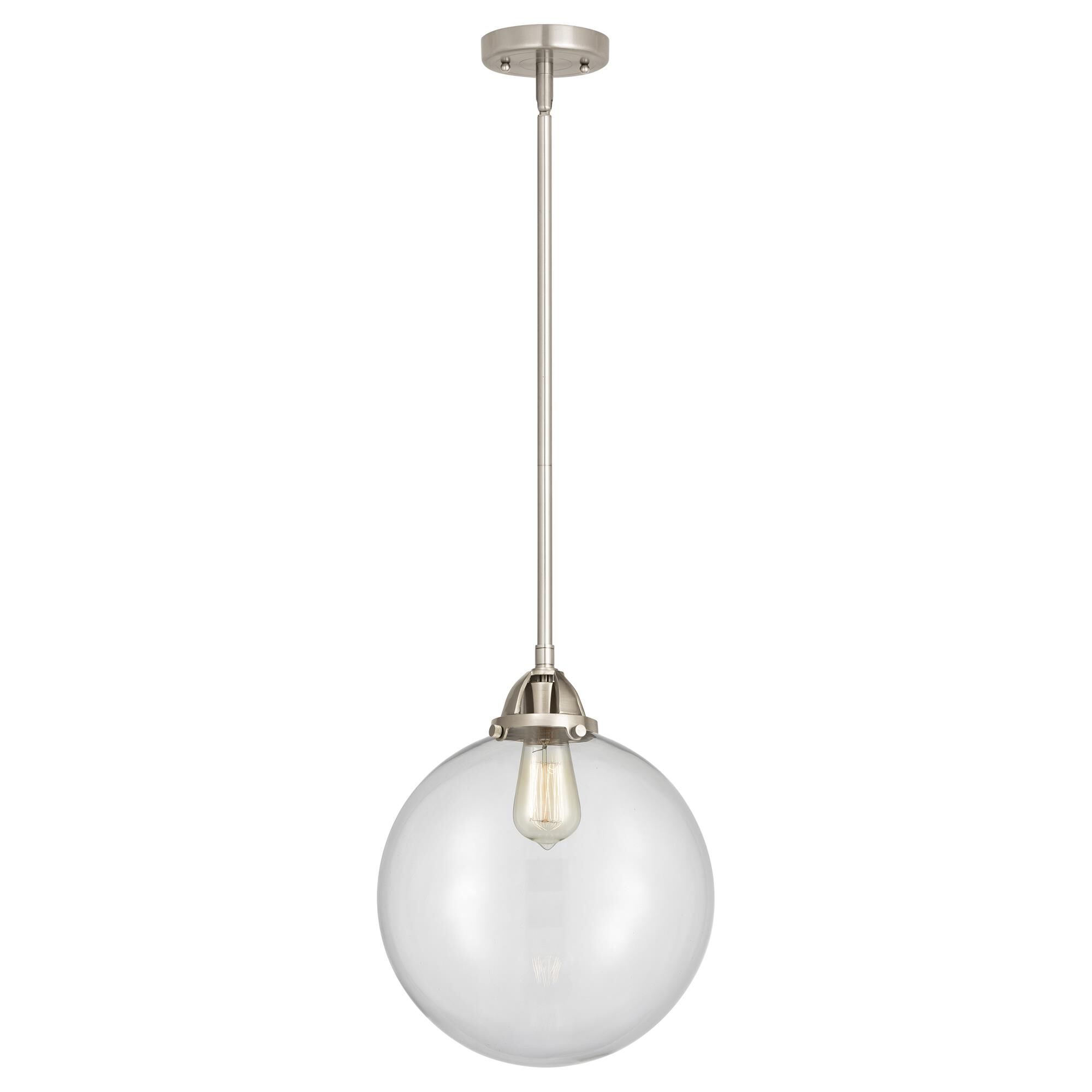 Shown in Brushed Satin Nickel finish and Clear Beacon glass and No Shade shade