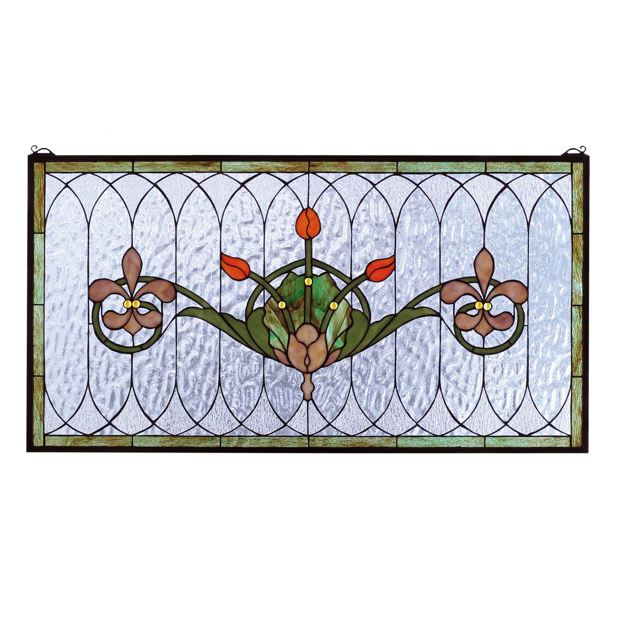 Shown in Brass finish and Spring Green-Coral-Plum Beige-Clear glass
