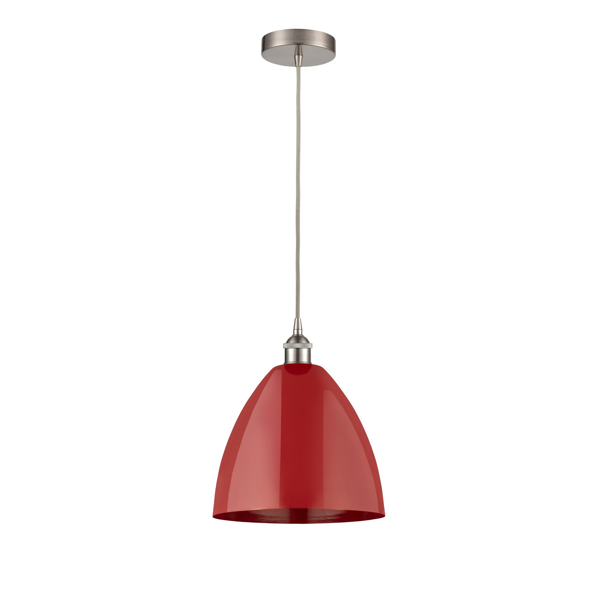 Shown in Brushed Satin Nickel finish and Red Plymouth Dome shade