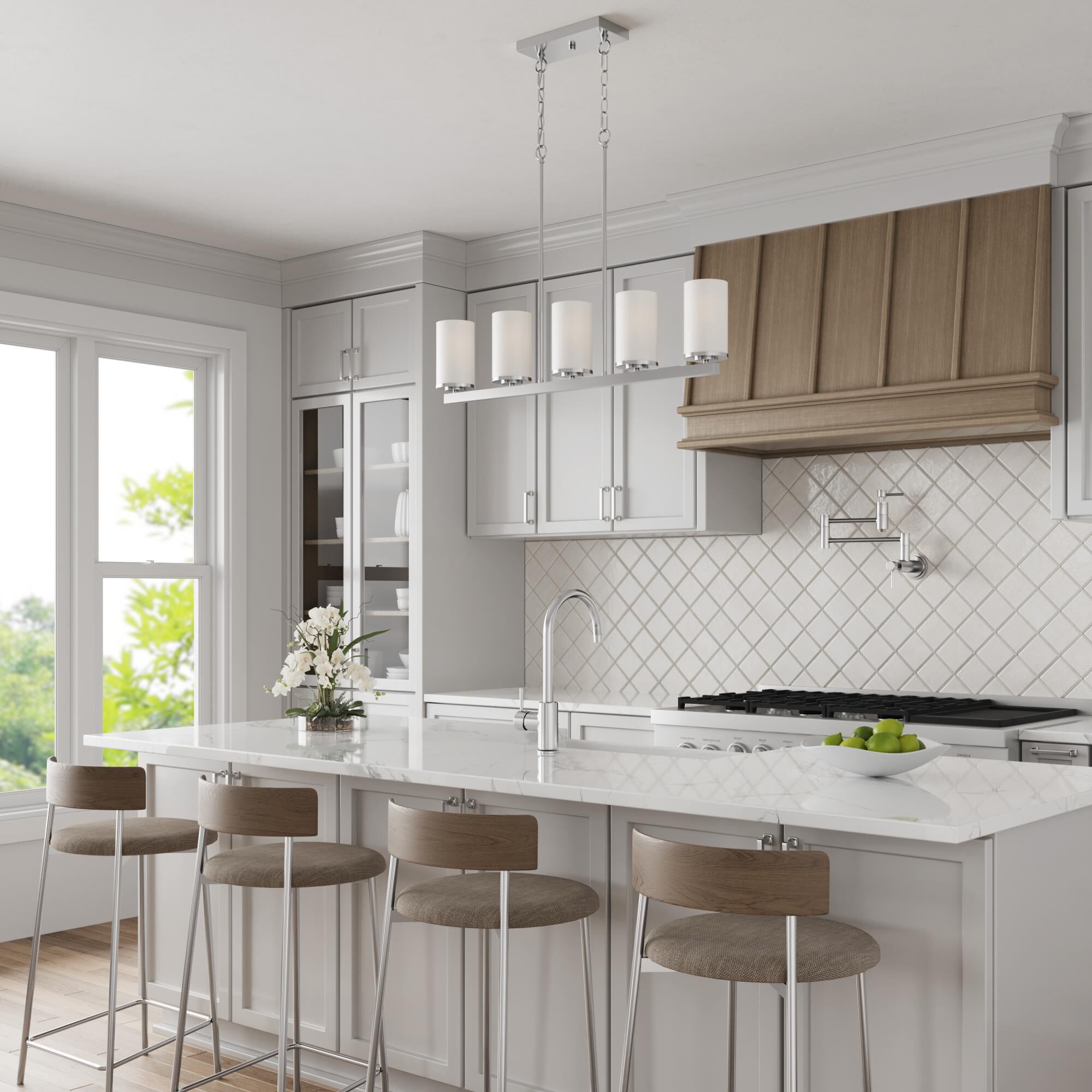 Shown in Chrome finish and Etched White glass