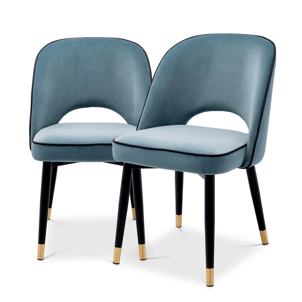 Shown in Savona Blue Velvet, Black Faux Leather Piping, Black and Brass finish