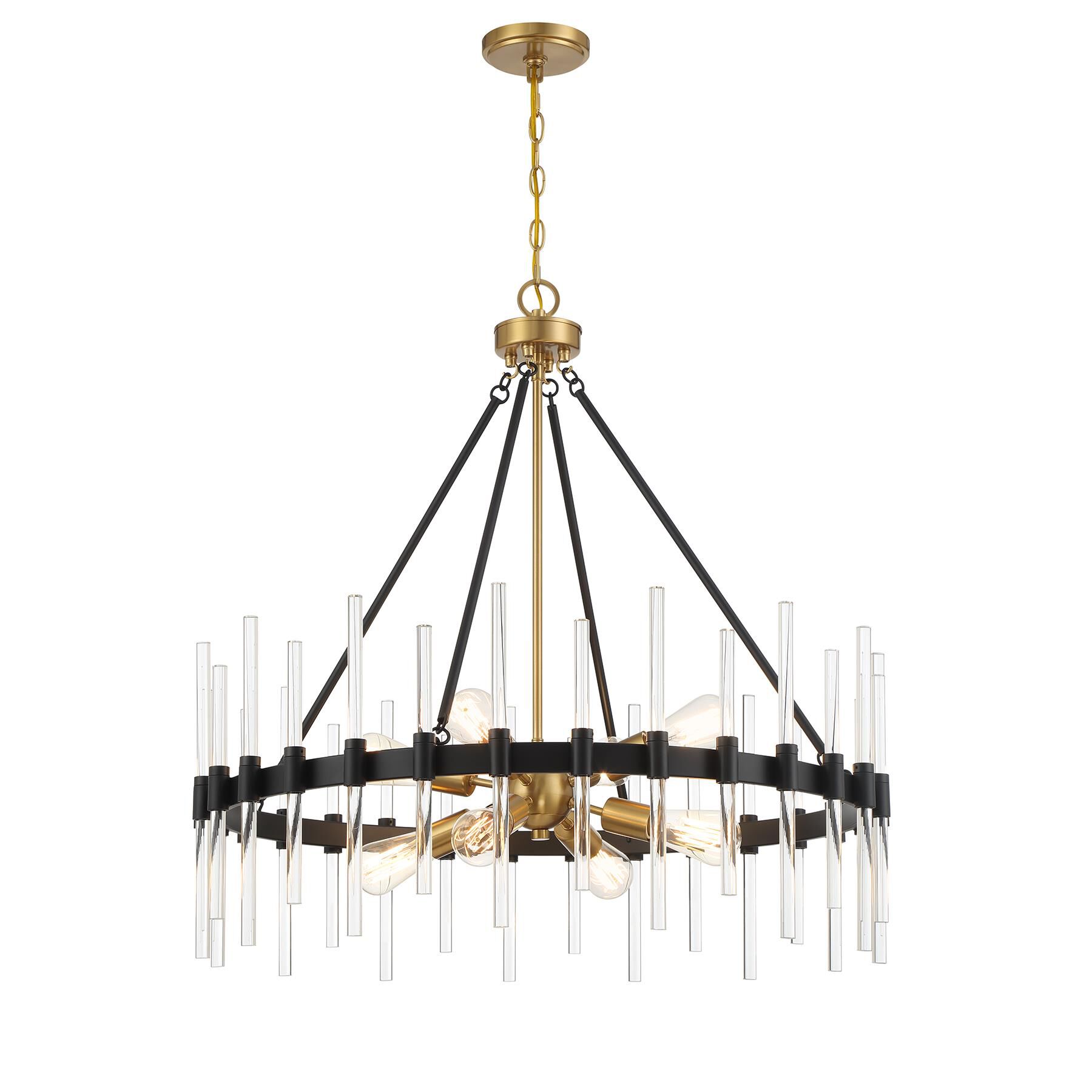 Shown in Matte Black With Warm Brass Accents finish and Clear crystal