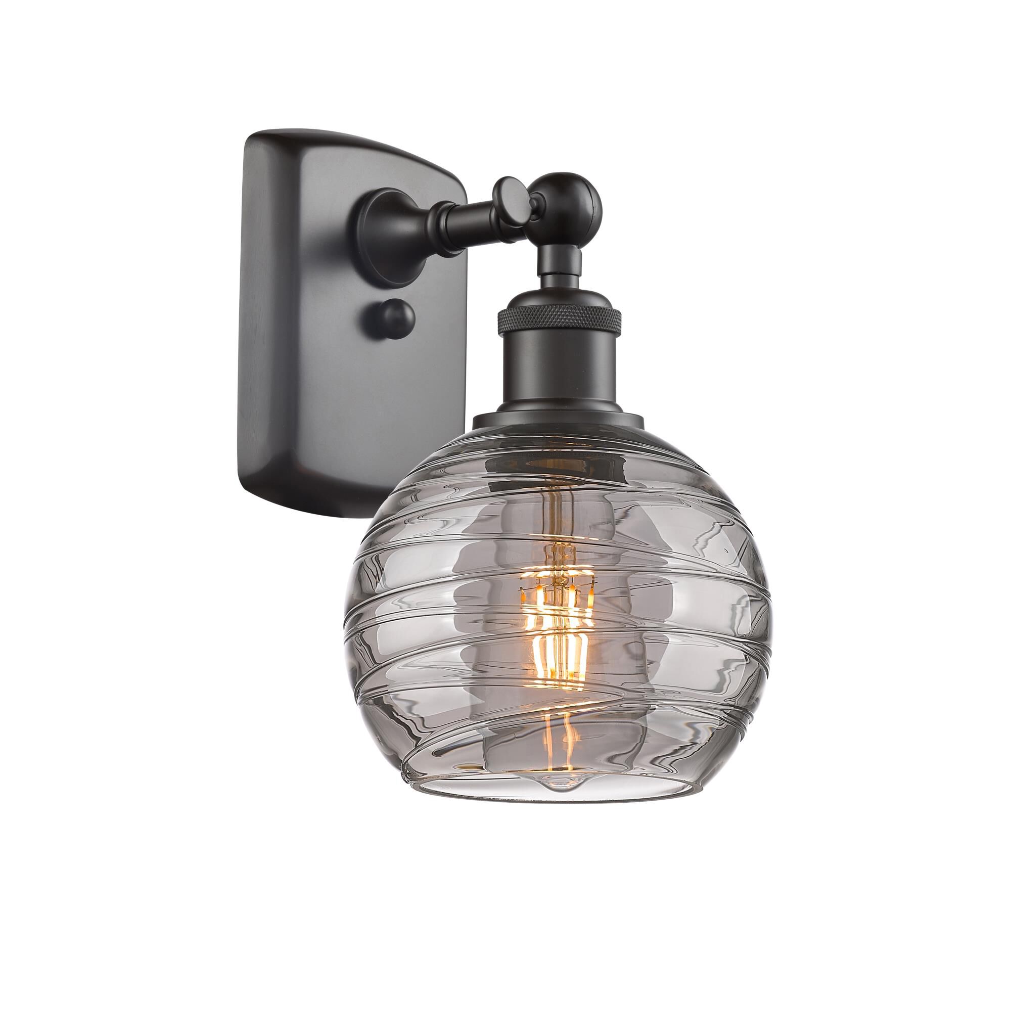 Shown in Oil Rubbed Bronze finish and Light Smoke Deco Swirl glass