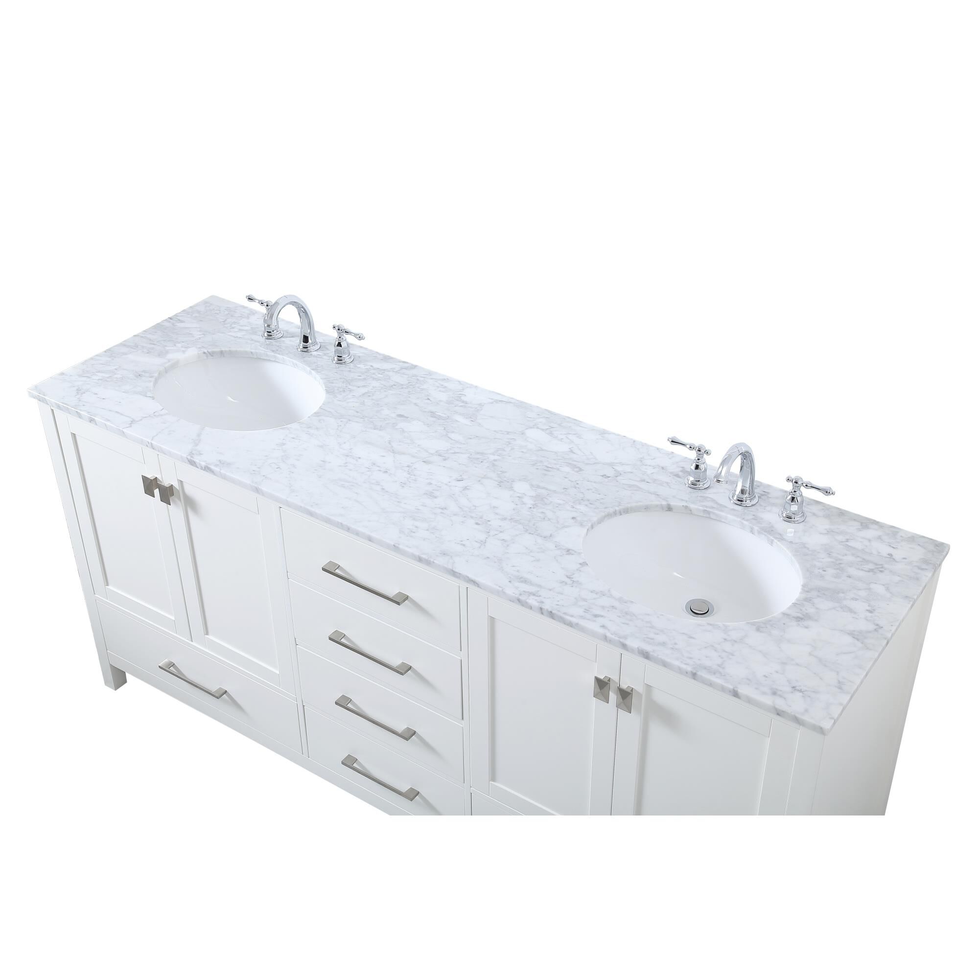 Shown in White And Brushed Nickel With Carrara White Marble finish