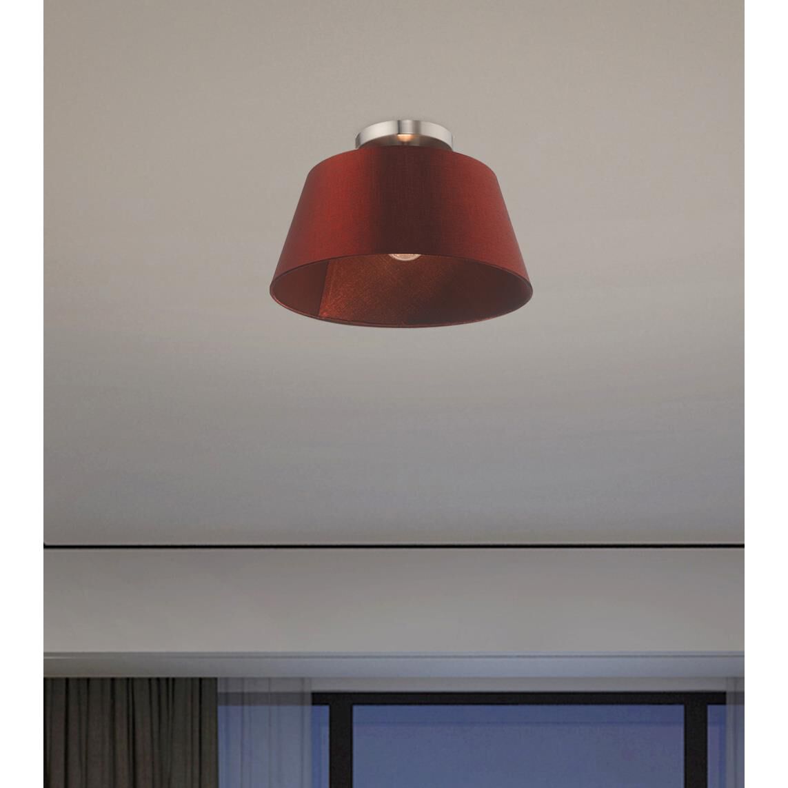 Shown in Brushed Nickel finish and Hand Crafted Red Wine Fabric Hardback shade