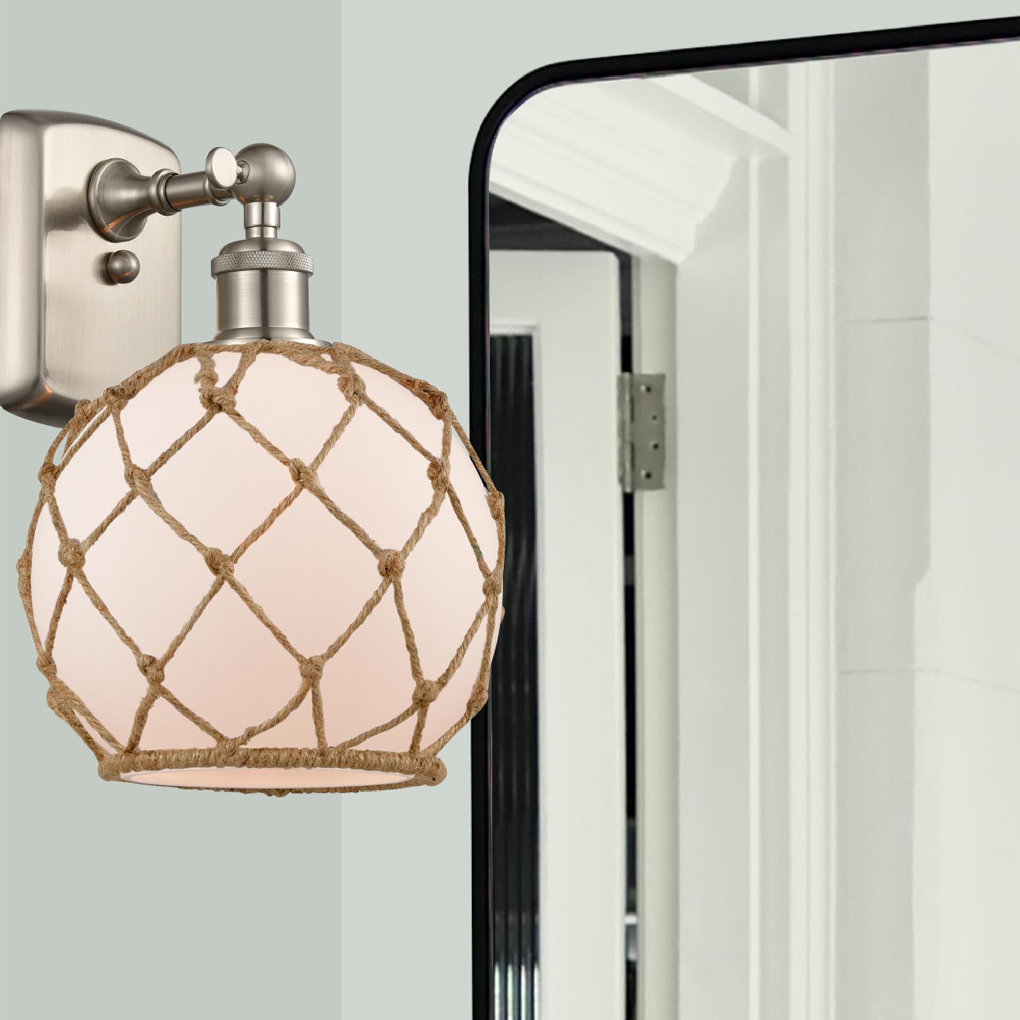 Shown in Brushed Satin Nickel finish and White With Black Rope glass