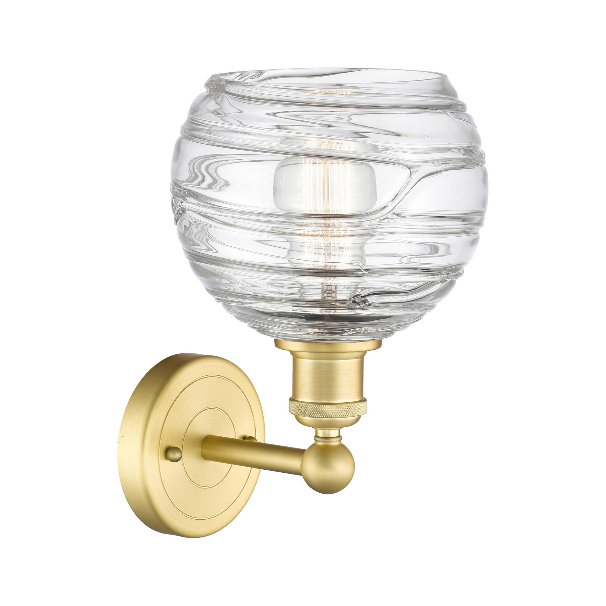 Shown in Satin Gold finish and Clear Deco Swirl glass