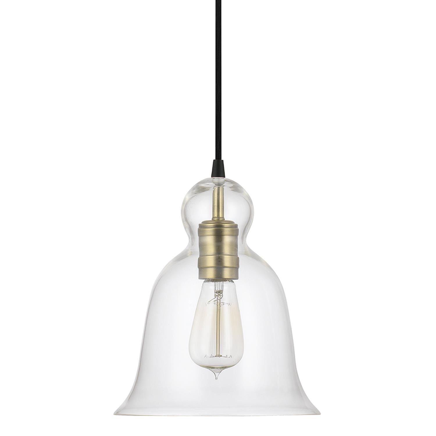 Shown in Aged Brass finish and Clear glass 